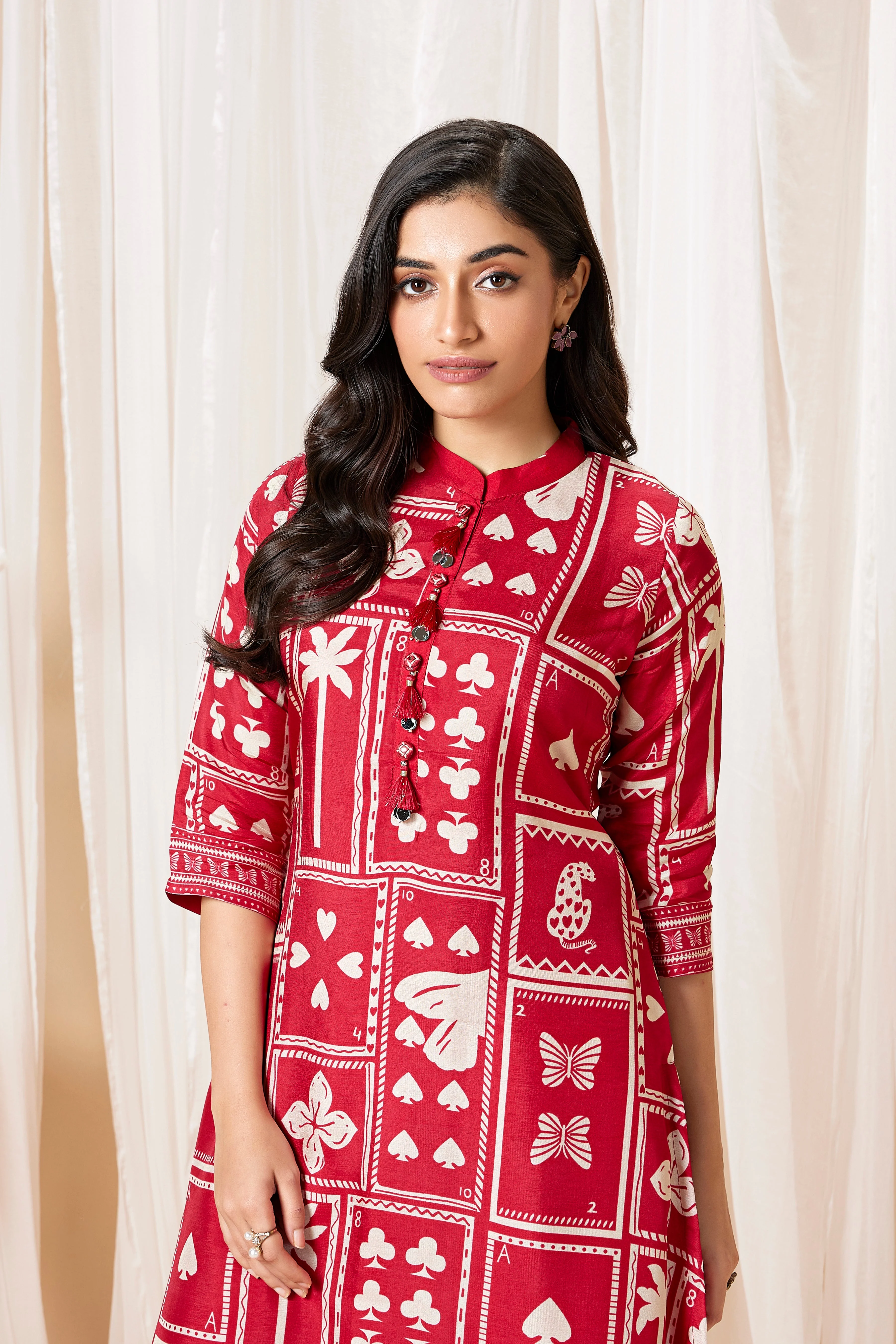 Bright Red Printed Muslin Silk Kurta Set - Image 2