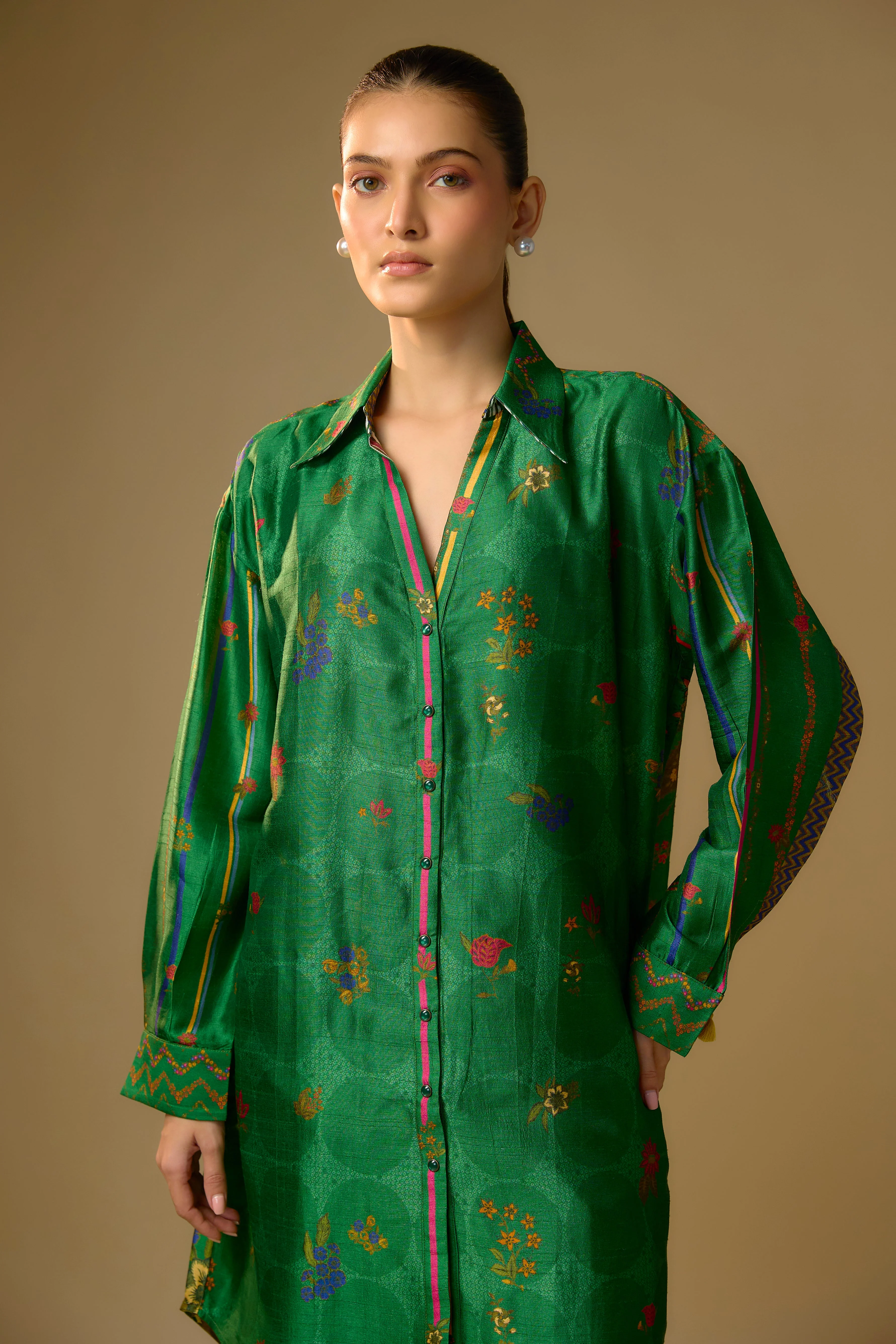Green Printed Slub Cotton Silk Tunic Top - Image 2
