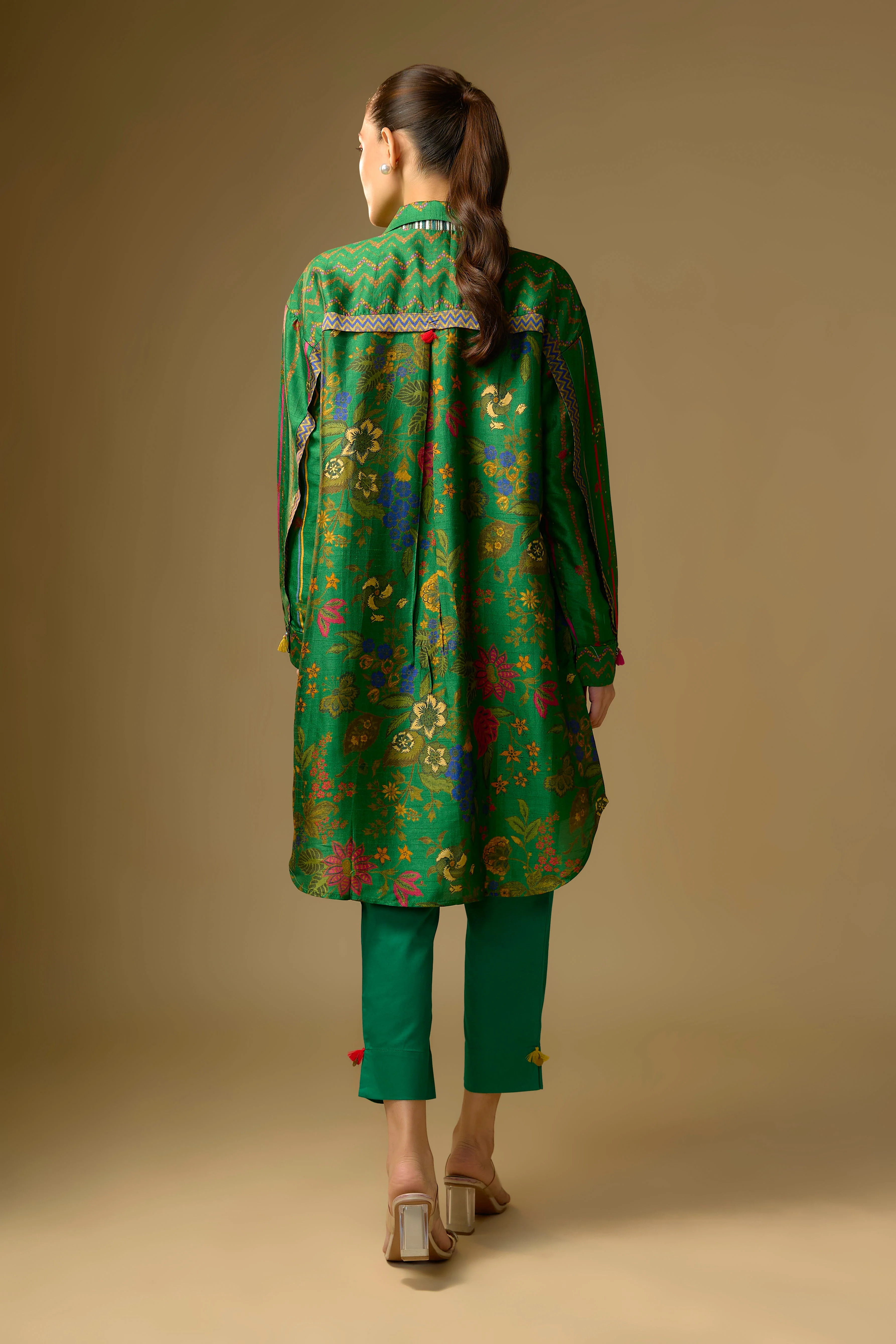 Green Printed Slub Cotton Silk Tunic Top - Image 3