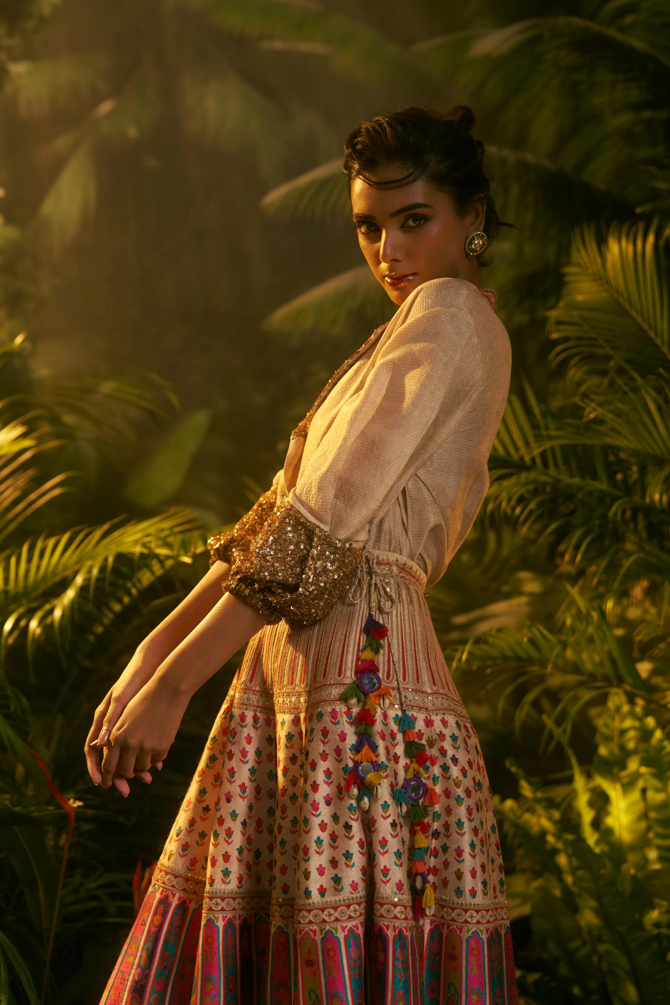 Ivory Printed Slub Cotton Silk Tunic Skirt Set - Image 3