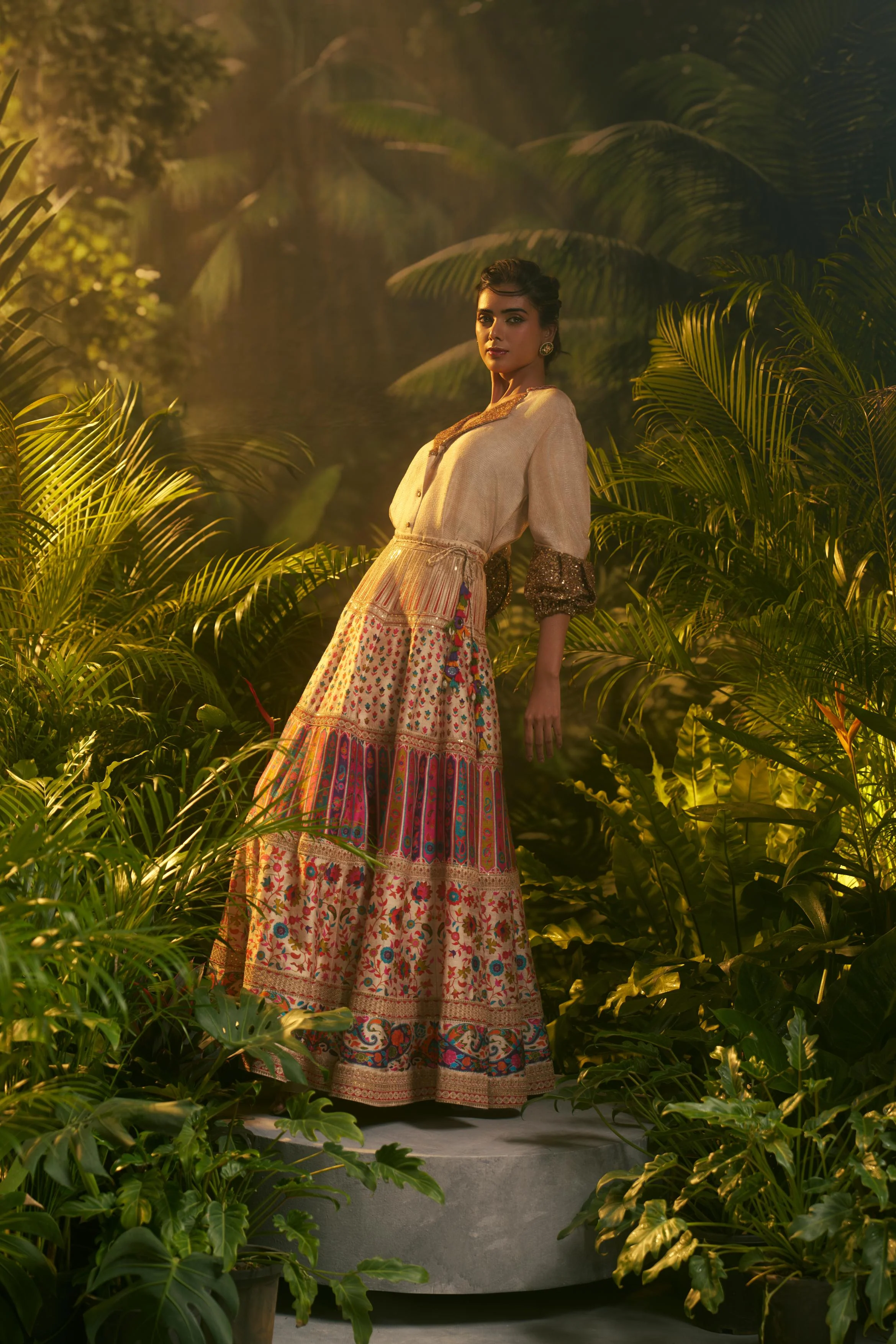 Ivory Printed Slub Cotton Silk Tunic Skirt Set - Image 4
