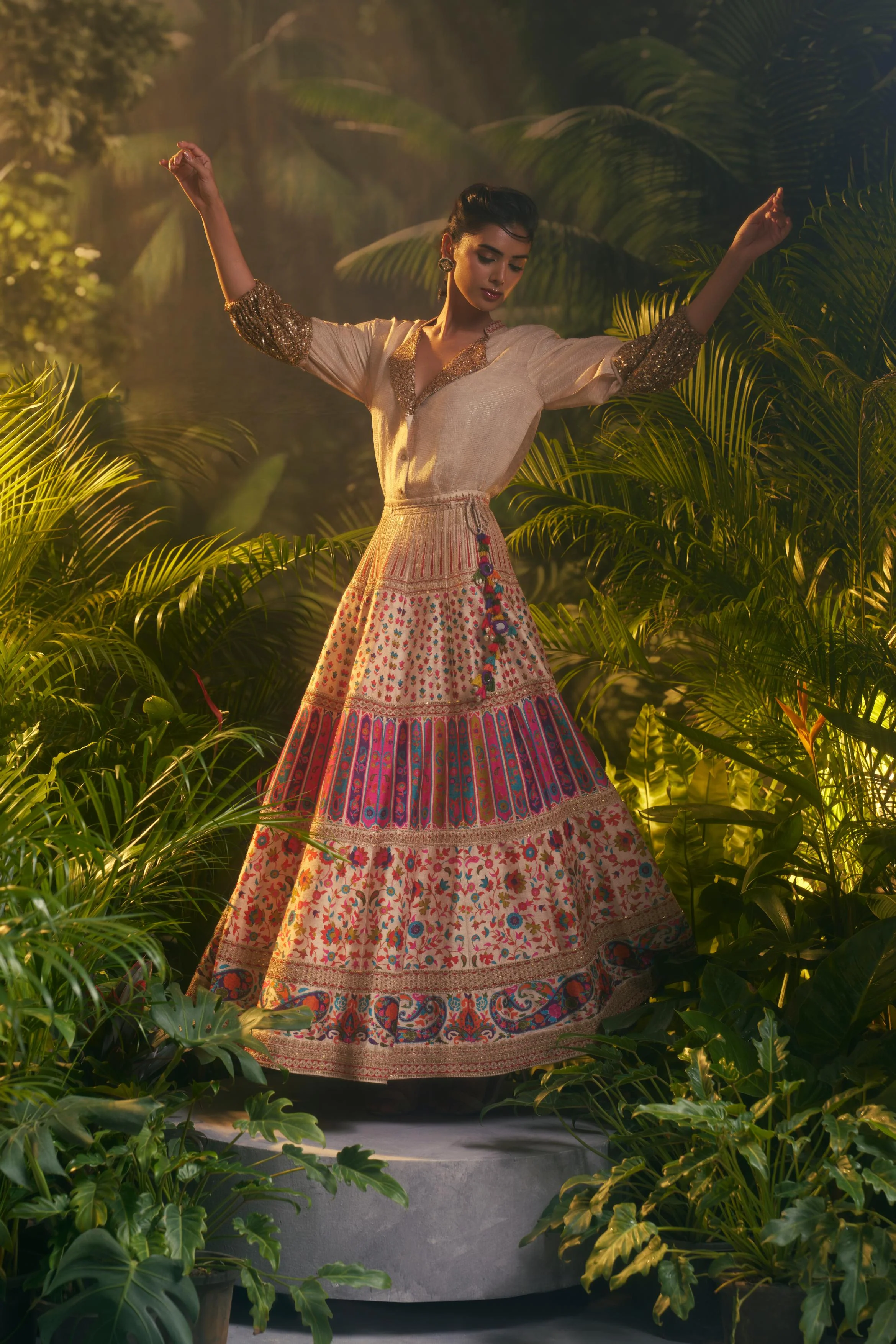 Ivory Printed Slub Cotton Silk Tunic Skirt Set - Image 5