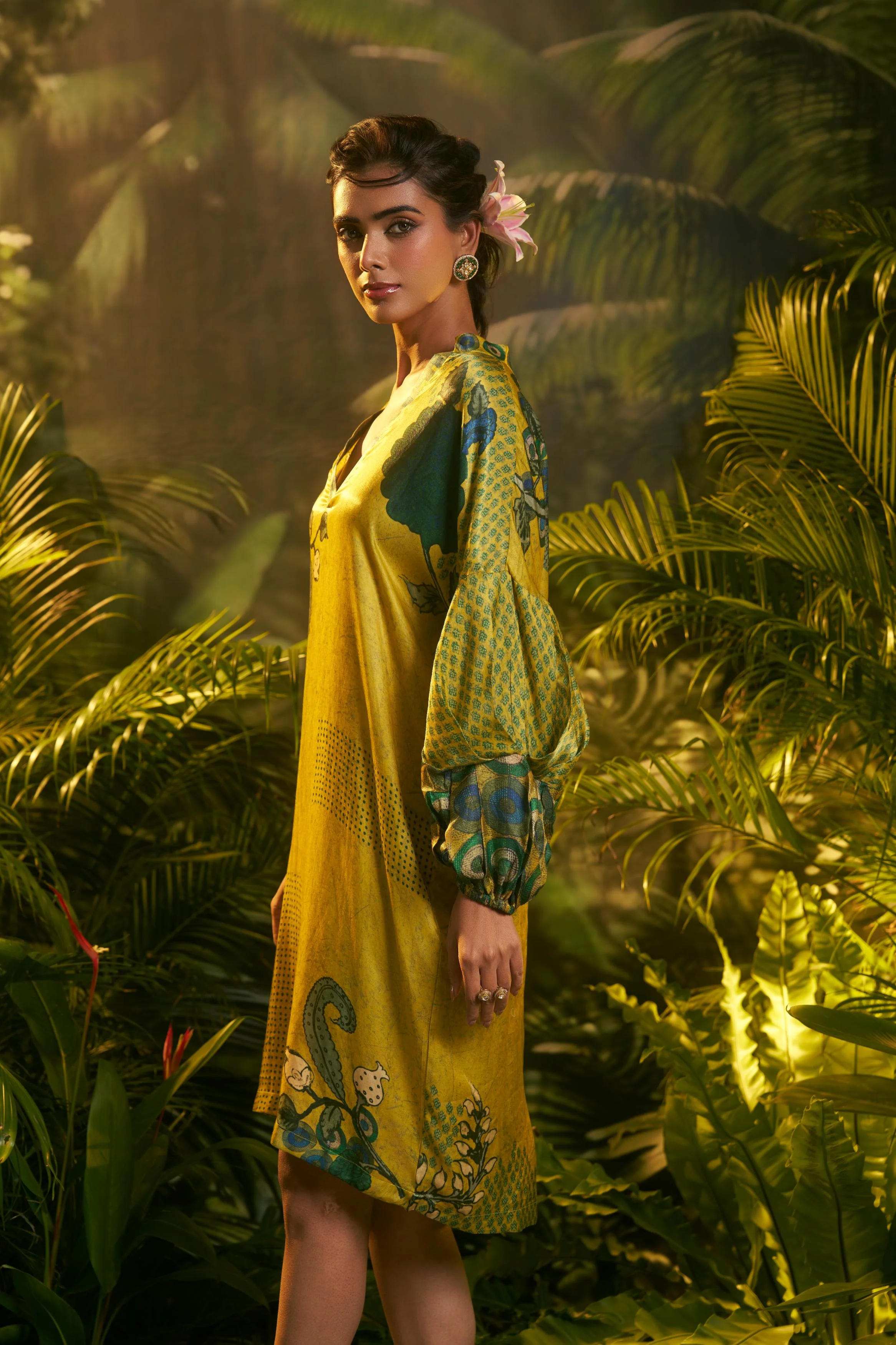 Mustard Yellow Printed Slub Cotton Silk Tunic Dress - Image 3