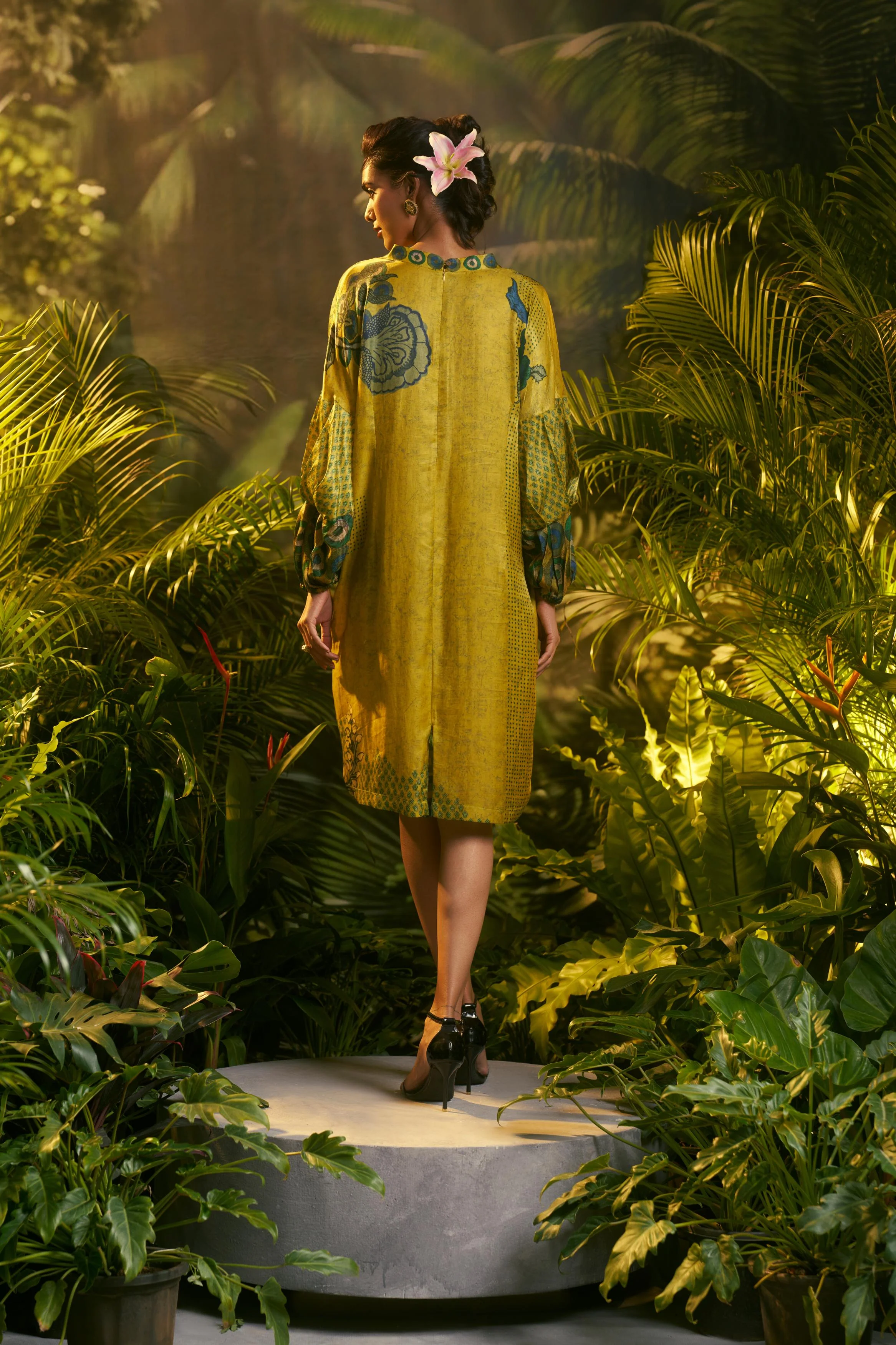 Mustard Yellow Printed Slub Cotton Silk Tunic Dress - Image 4