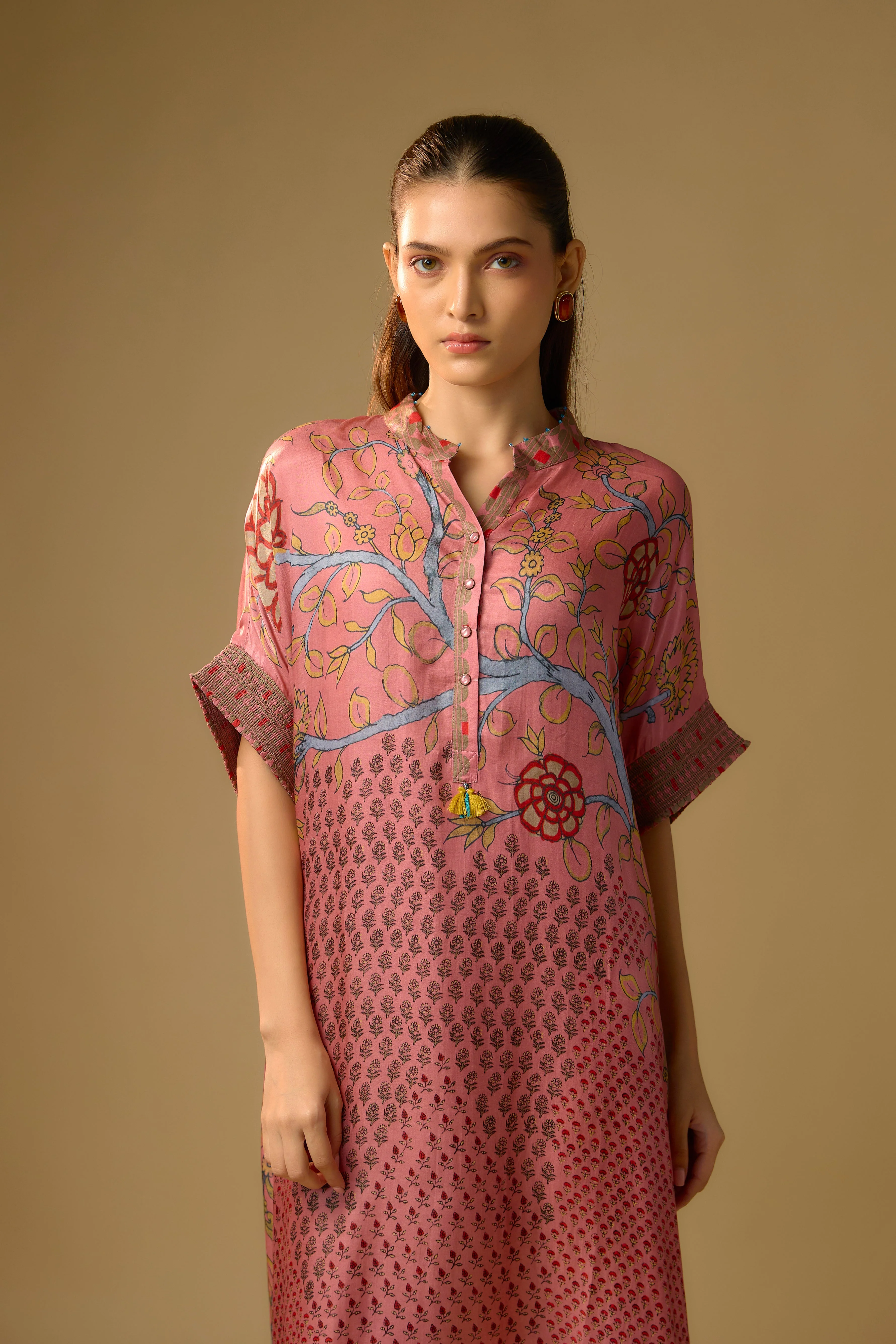 Blush Pink Printed Slub Cotton Silk Tunic Long Top - Image 2