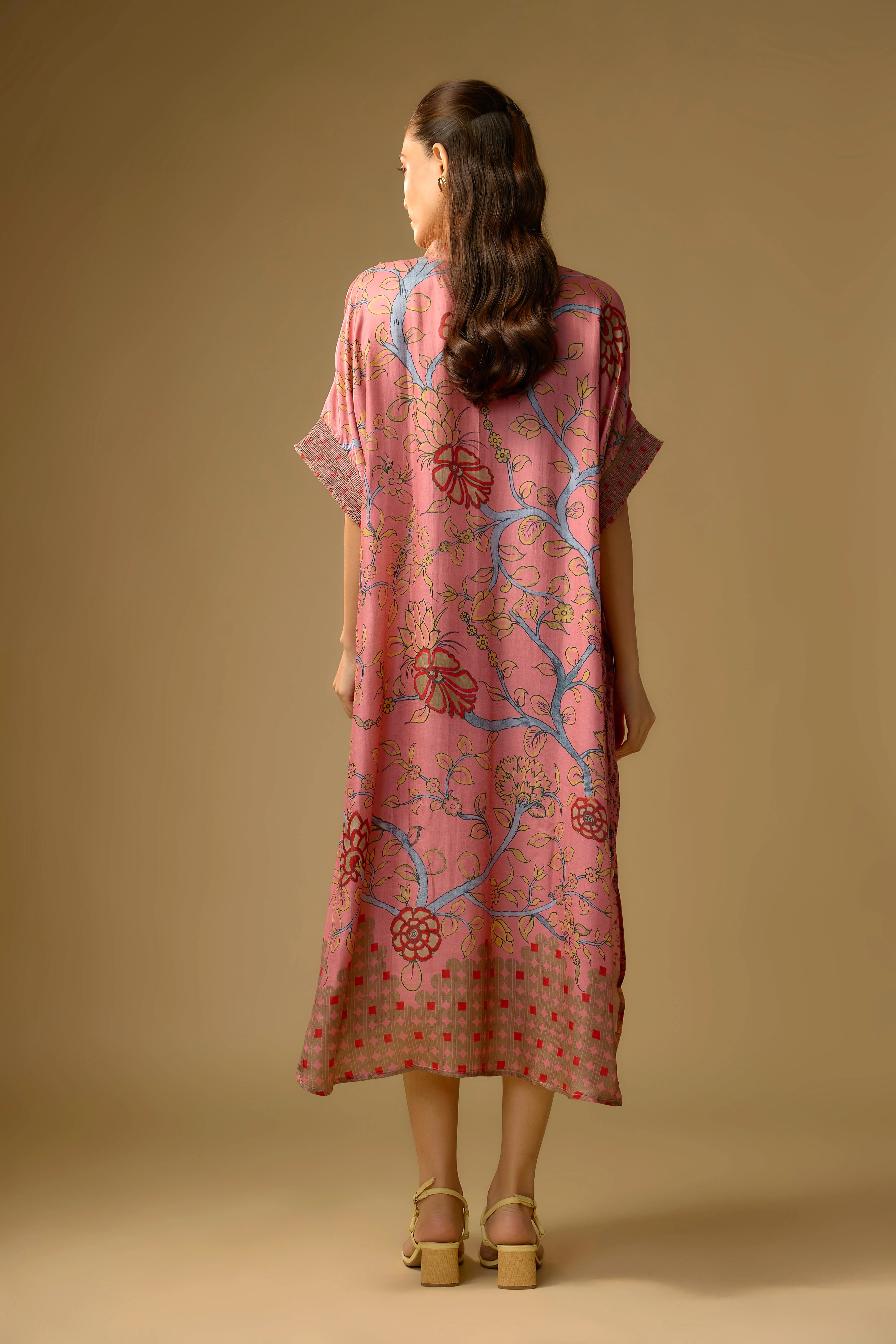 Blush Pink Printed Slub Cotton Silk Tunic Long Top - Image 3