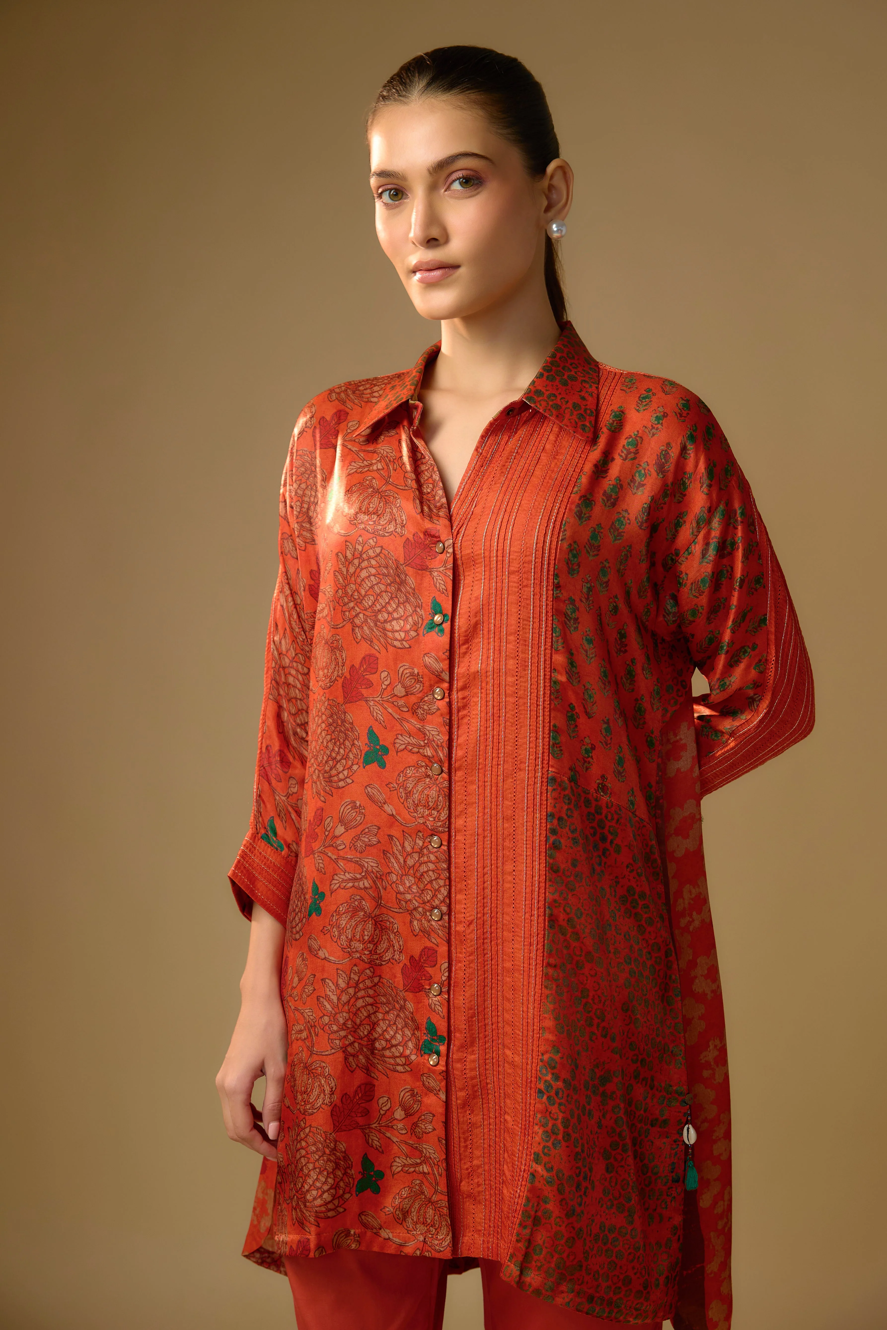 Soft Orange Printed Slub Cotton Silk Tunic Top - Image 2