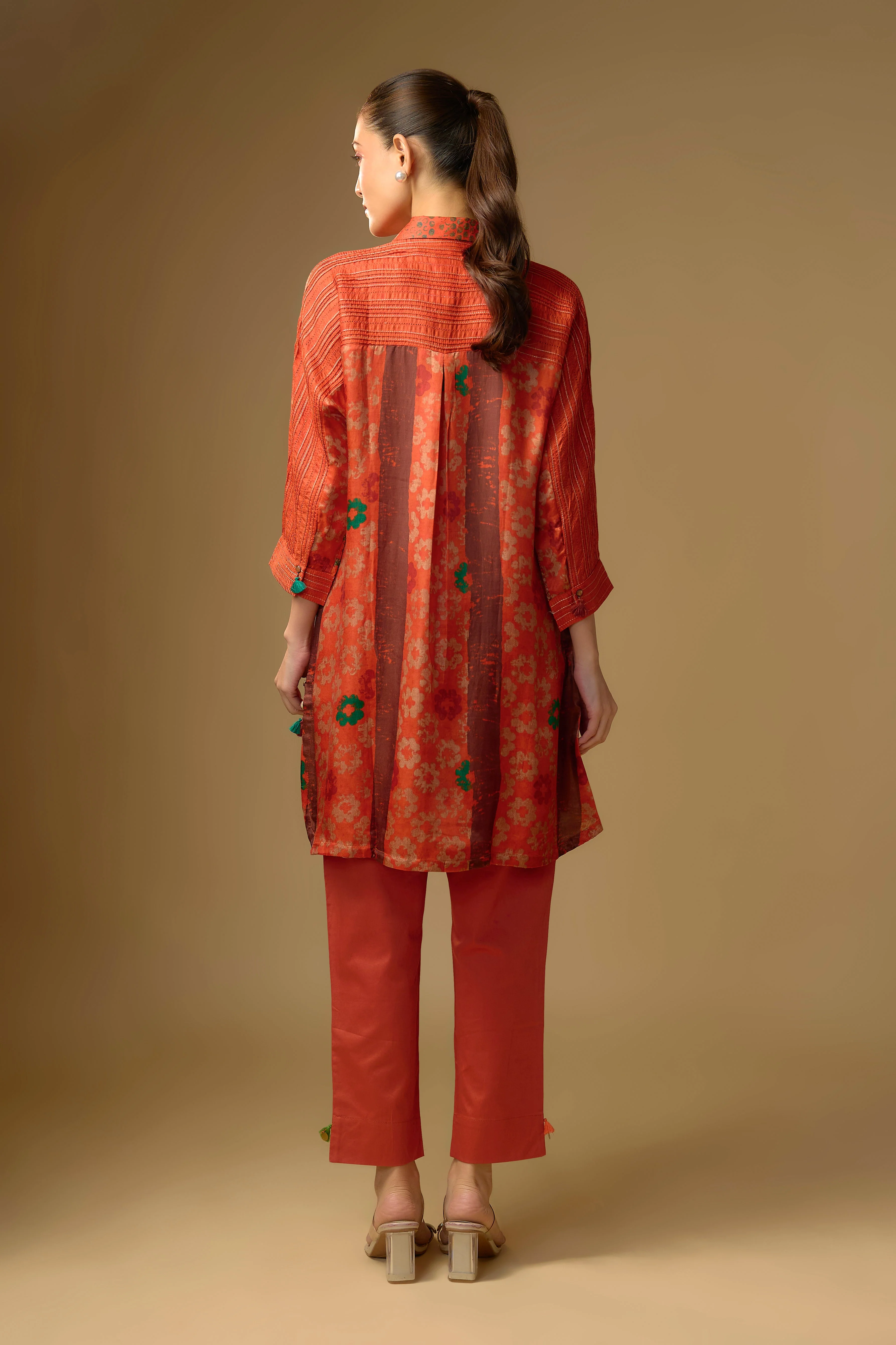 Soft Orange Printed Slub Cotton Silk Tunic Top - Image 3