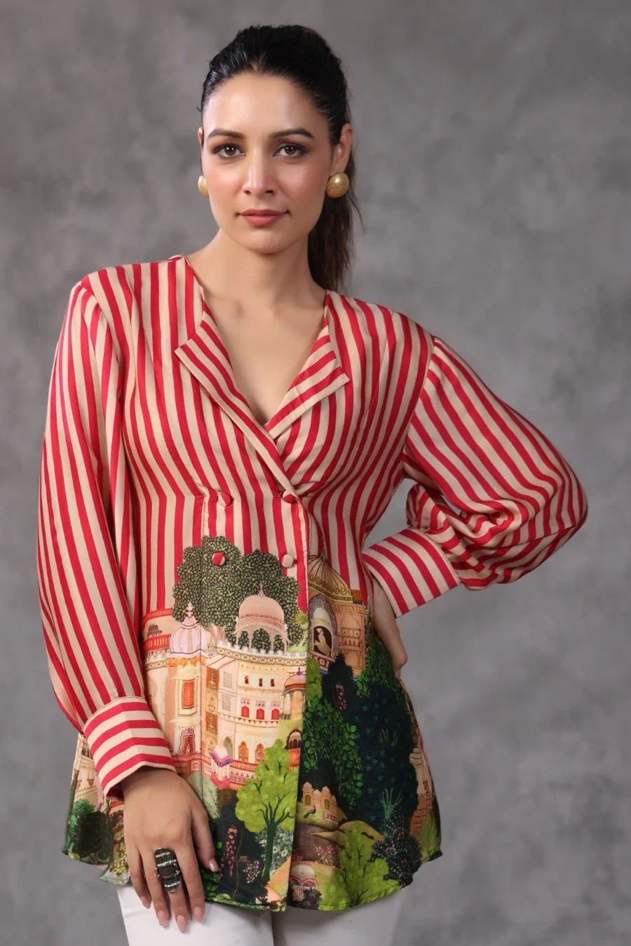 Red Striped Digital Printed Modal Satin Top - Image 3