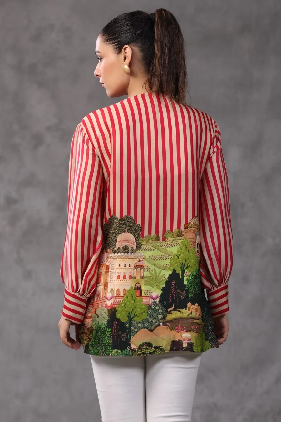 Red Striped Digital Printed Modal Satin Top - Image 4