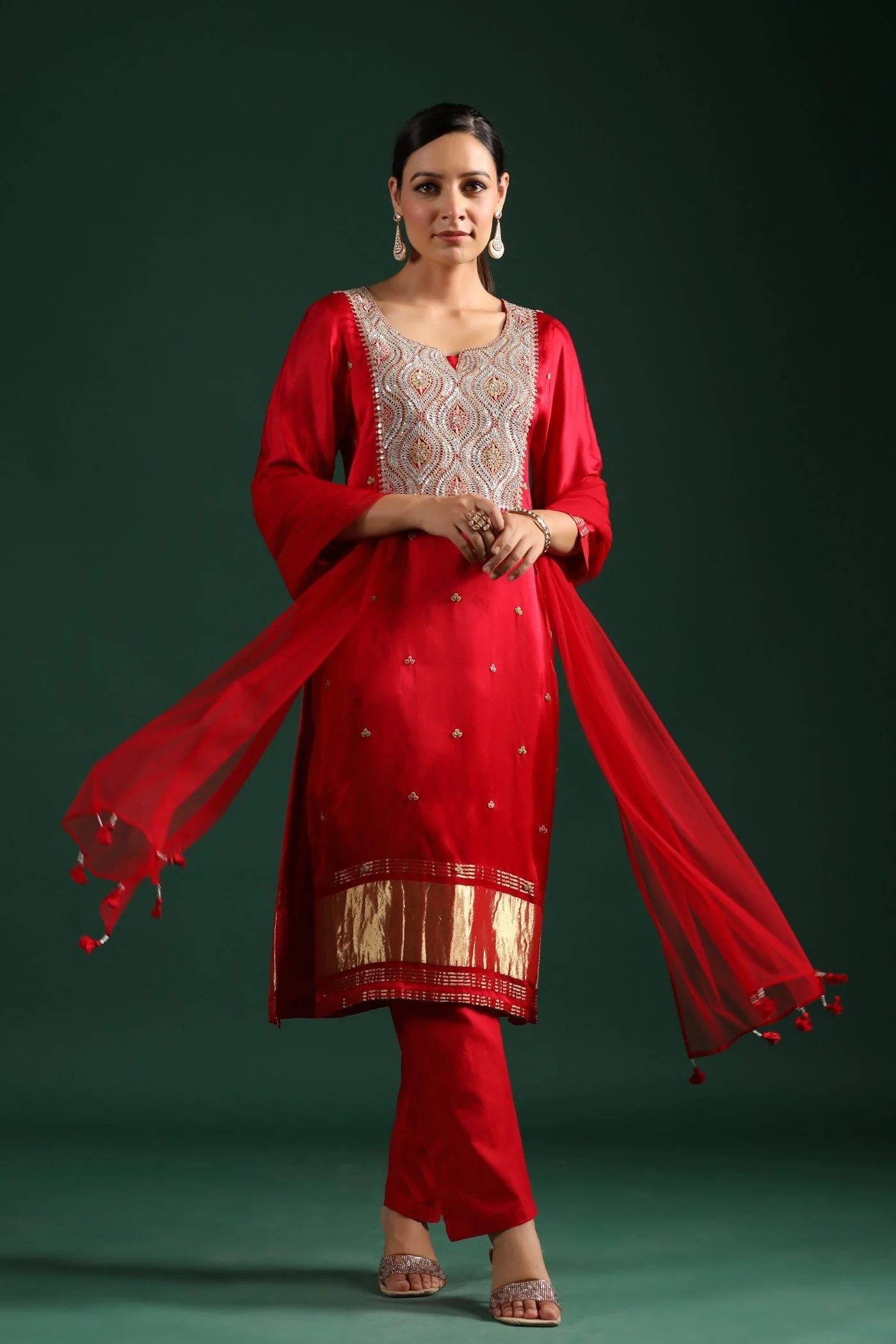 Red Zari Embroidered Gajji Silk Kurta Set - Image 3
