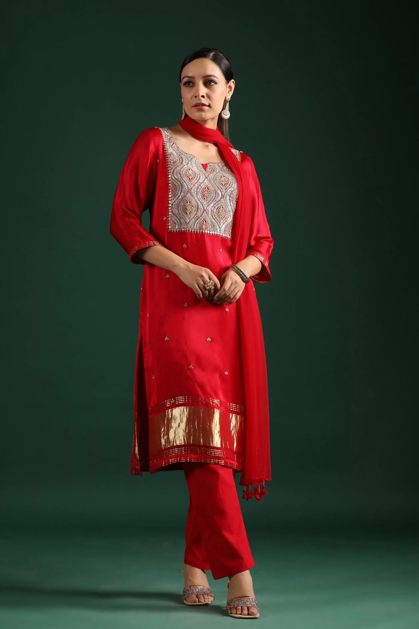 Red Zari Embroidered Gajji Silk Kurta Set - Image 4