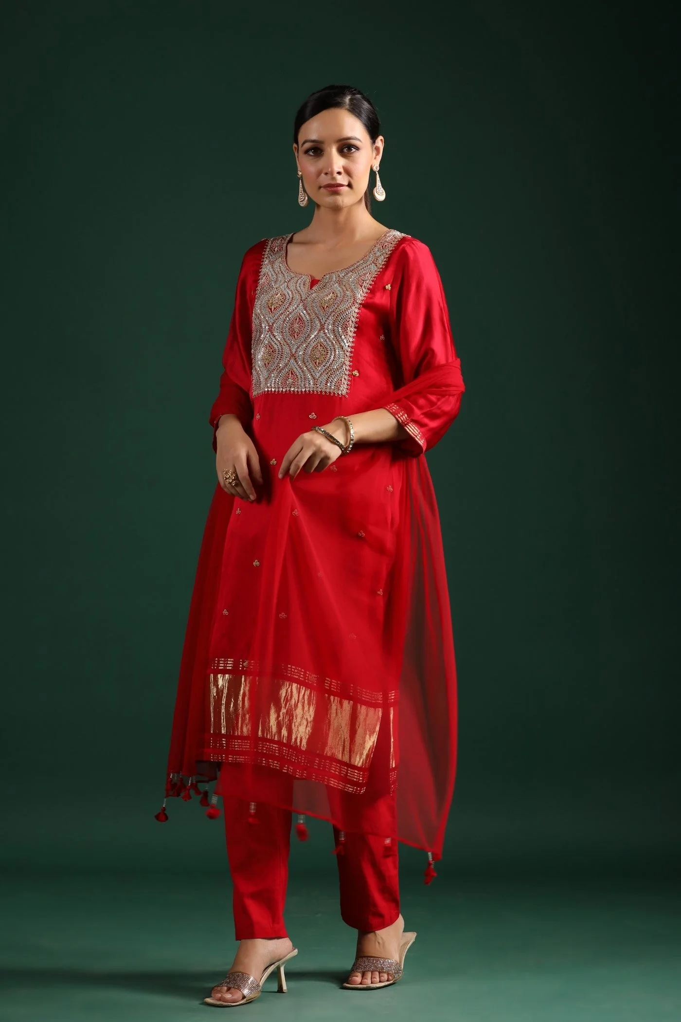 Red Zari Embroidered Gajji Silk Kurta Set - Image 5