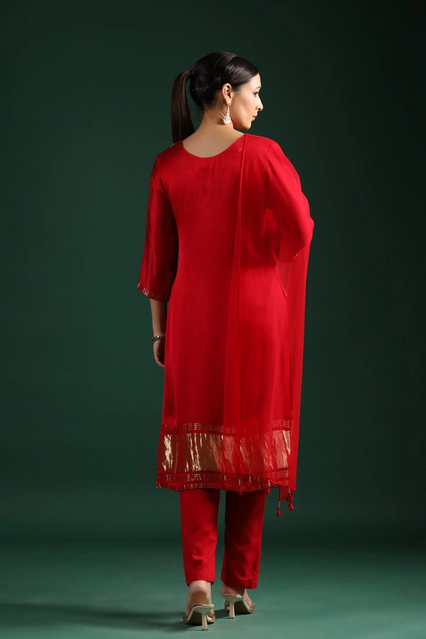 Red Zari Embroidered Gajji Silk Kurta Set - Image 6