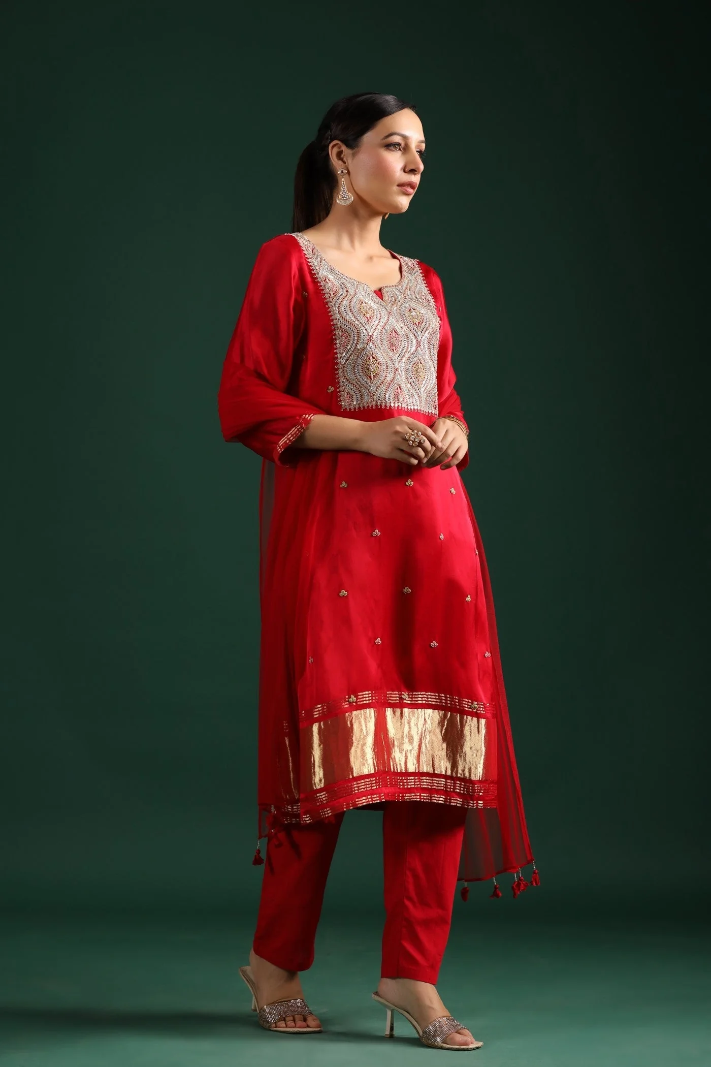 Red Zari Embroidered Gajji Silk Kurta Set - Image 7