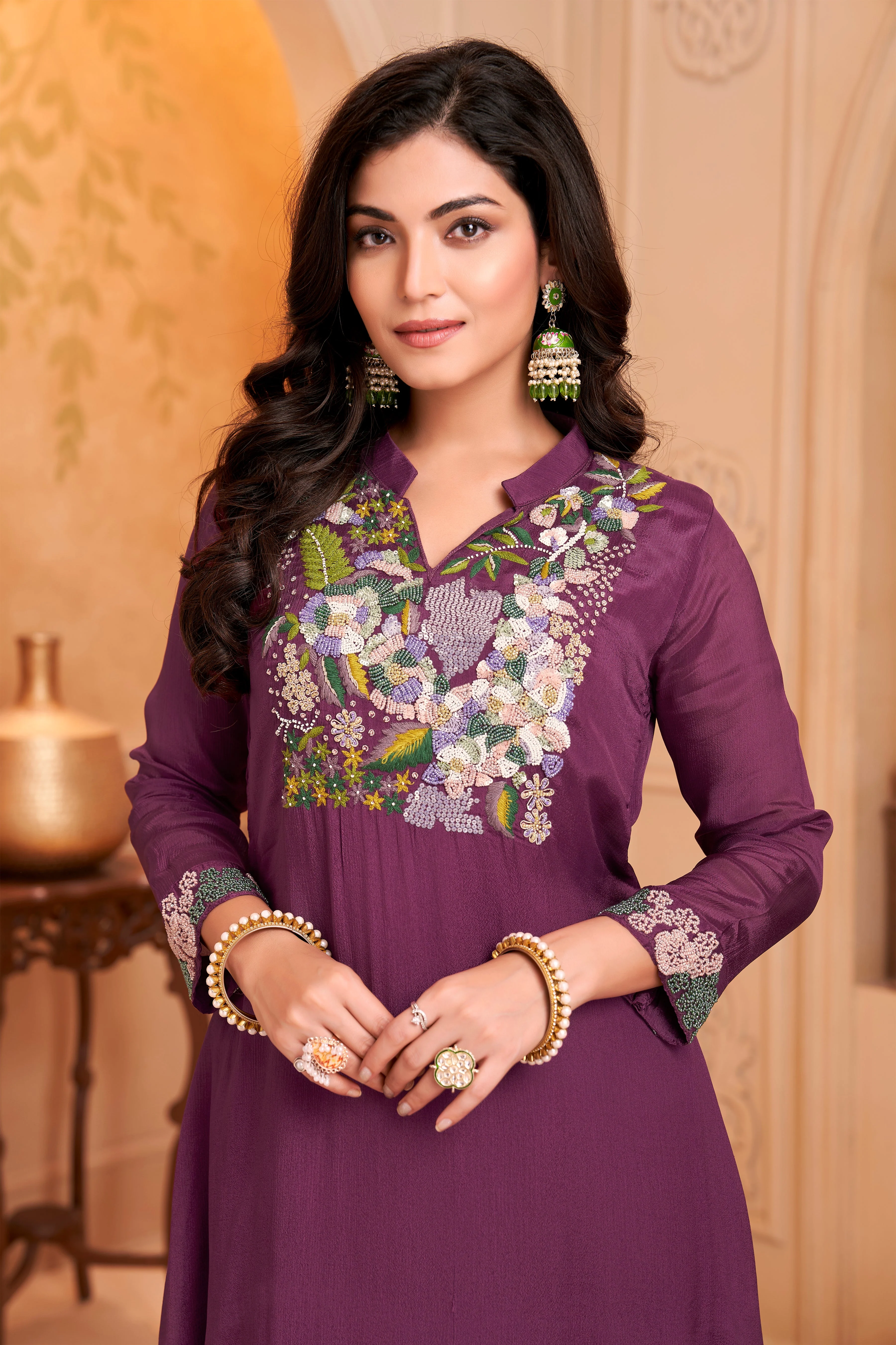 Plum Purple Embellished Chinon Silk Kurta Set - Image 2
