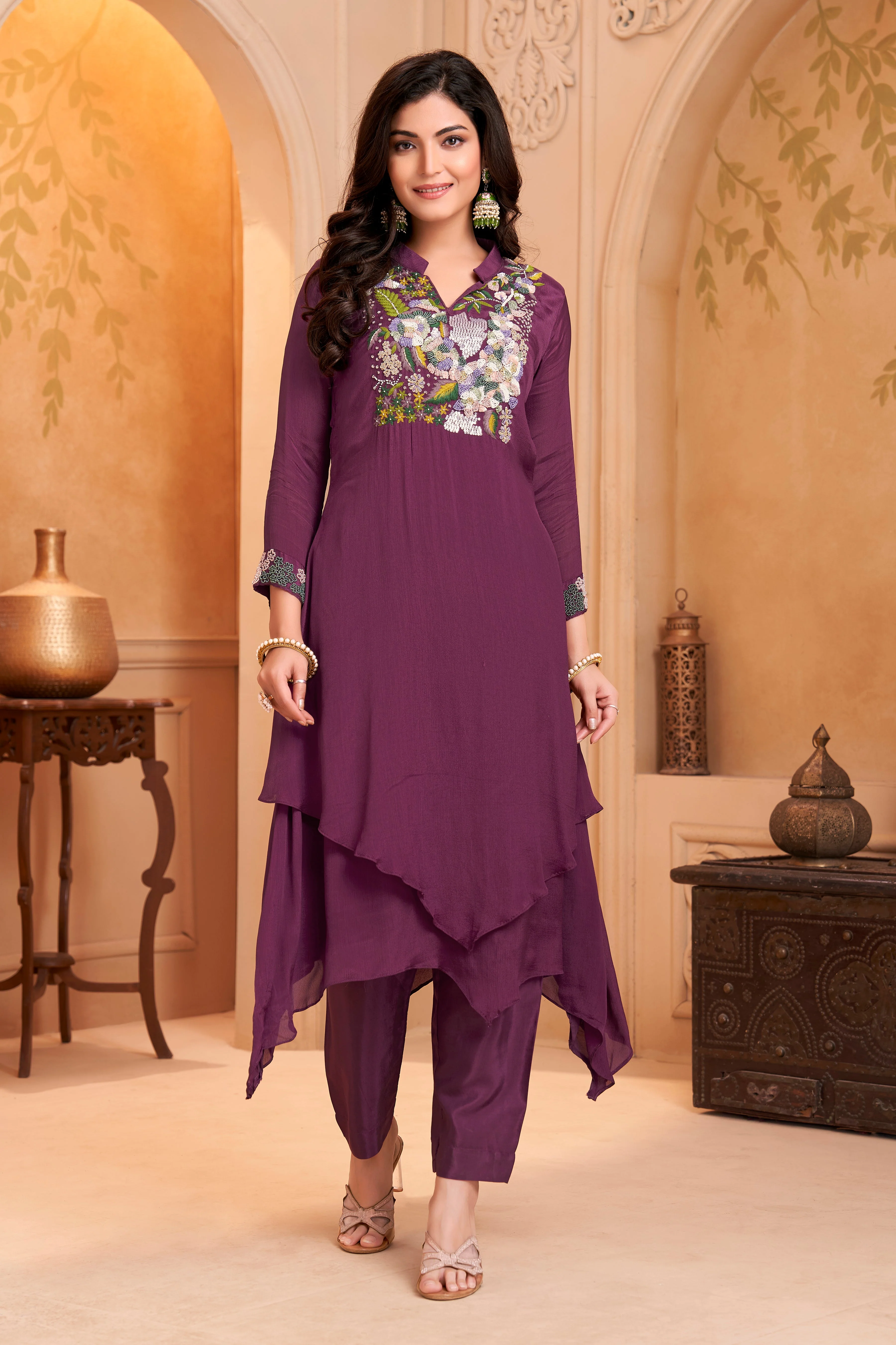 Plum Purple Embellished Chinon Silk Kurta Set - Image 3