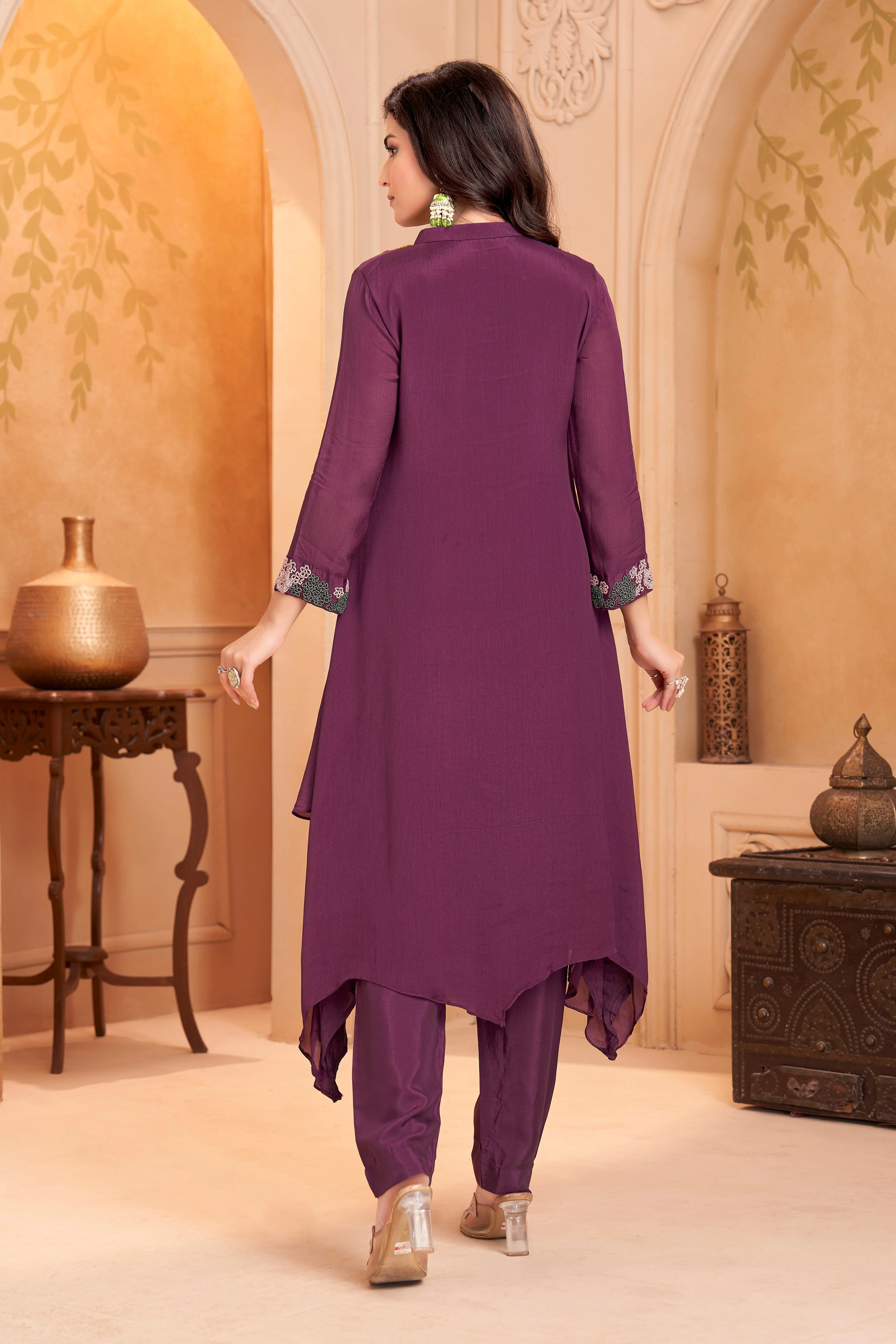 Plum Purple Embellished Chinon Silk Kurta Set - Image 4