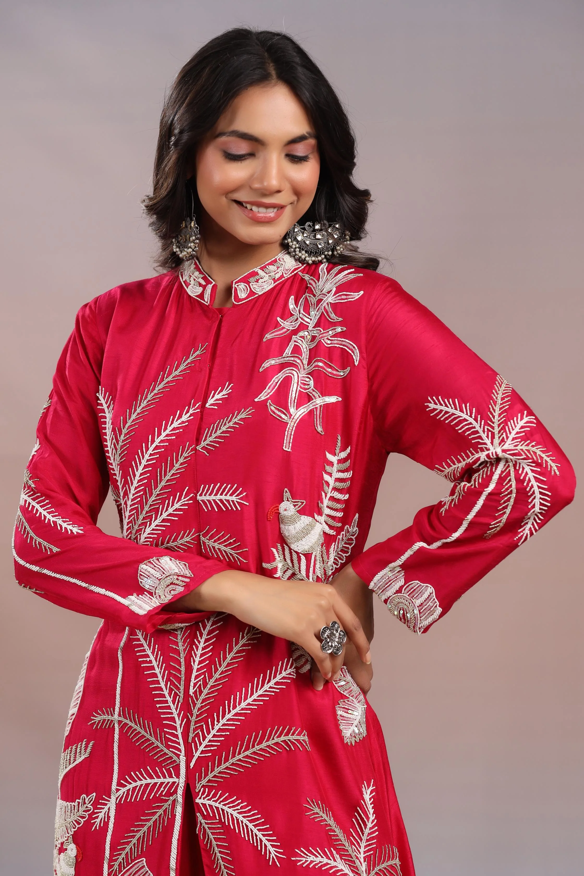 Reddish Pink Embroidered Premium Silk Kurta & Palazzo Set - Image 2