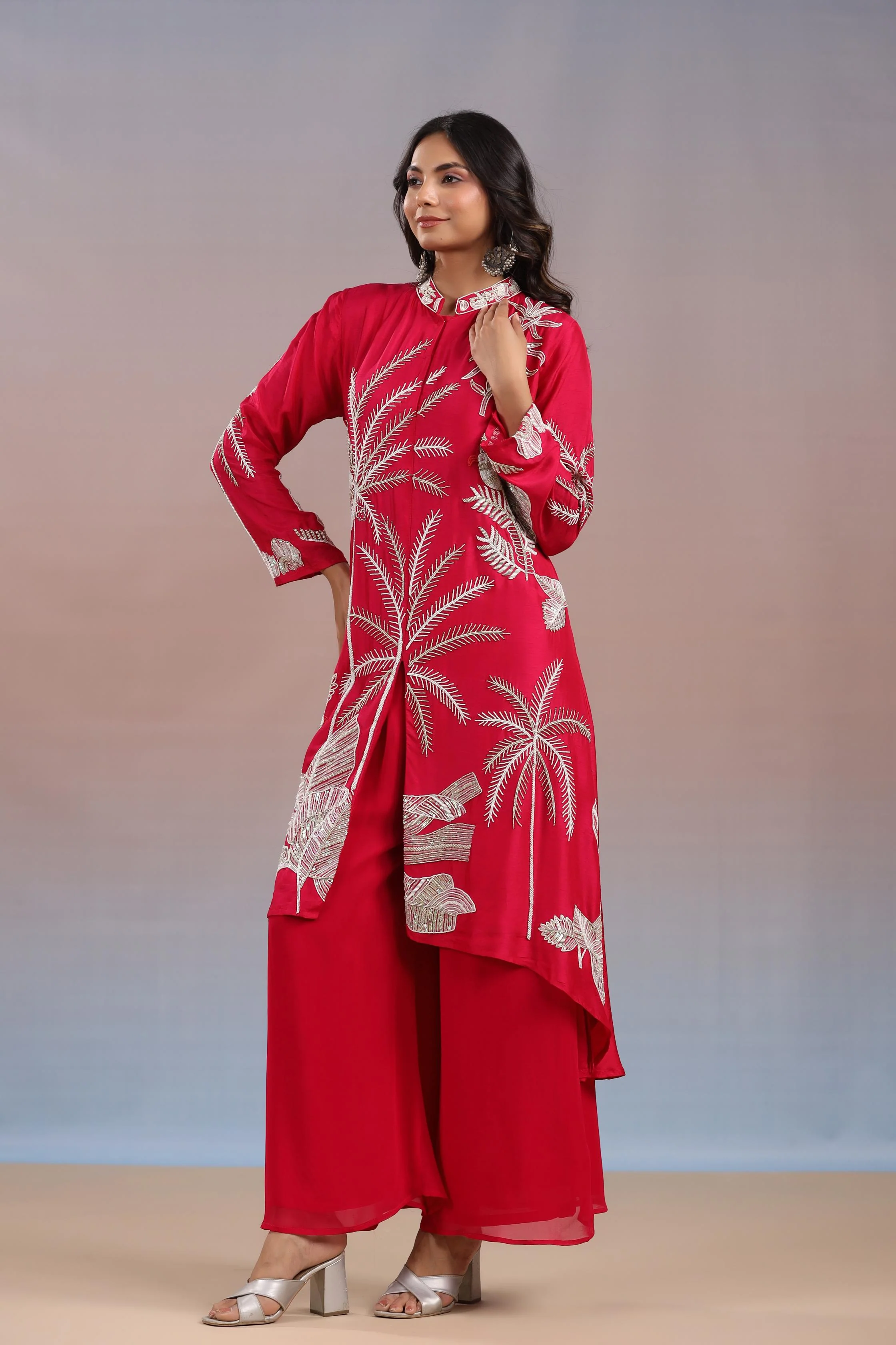 Reddish Pink Embroidered Premium Silk Kurta & Palazzo Set - Image 3