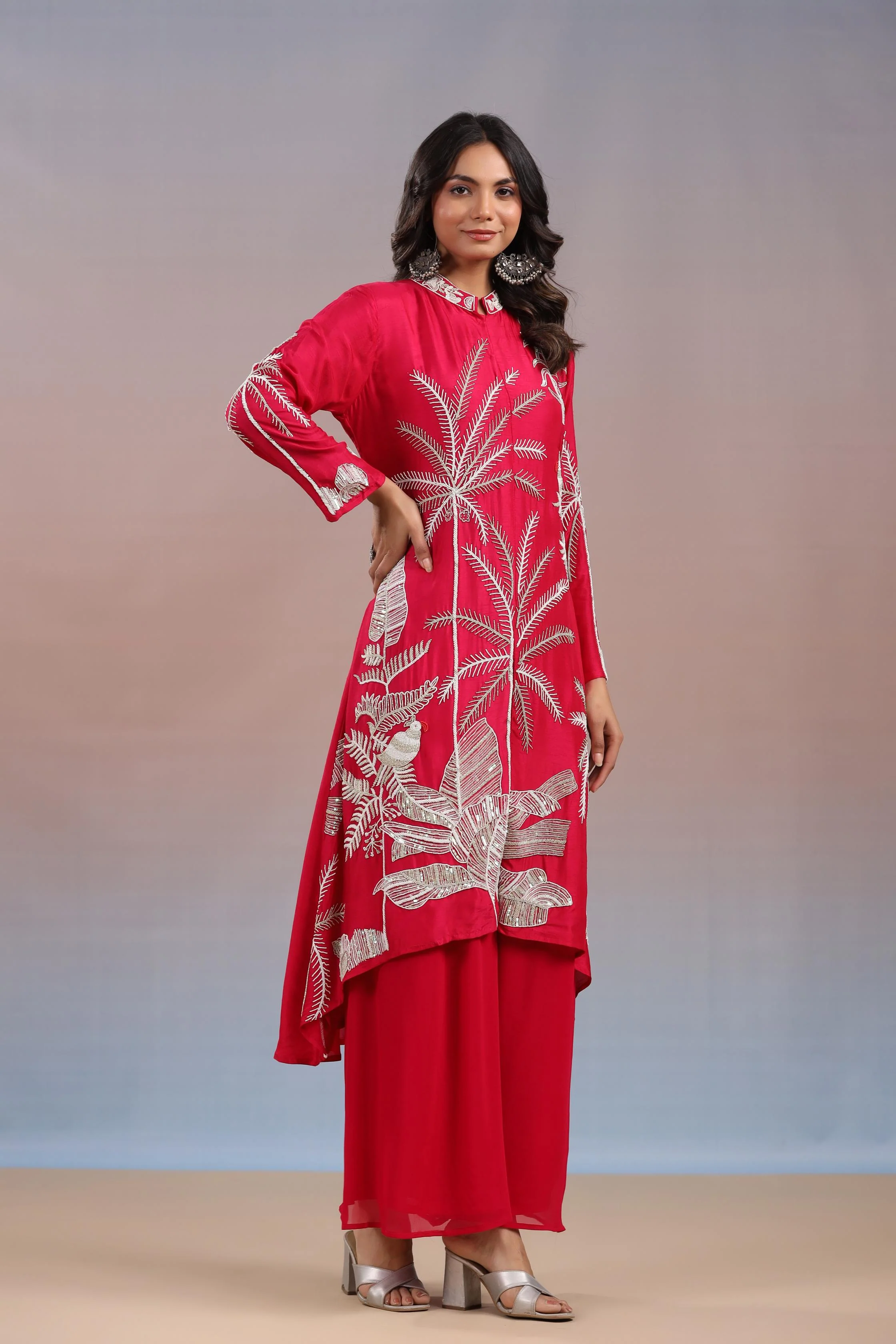 Reddish Pink Embroidered Premium Silk Kurta & Palazzo Set - Image 4