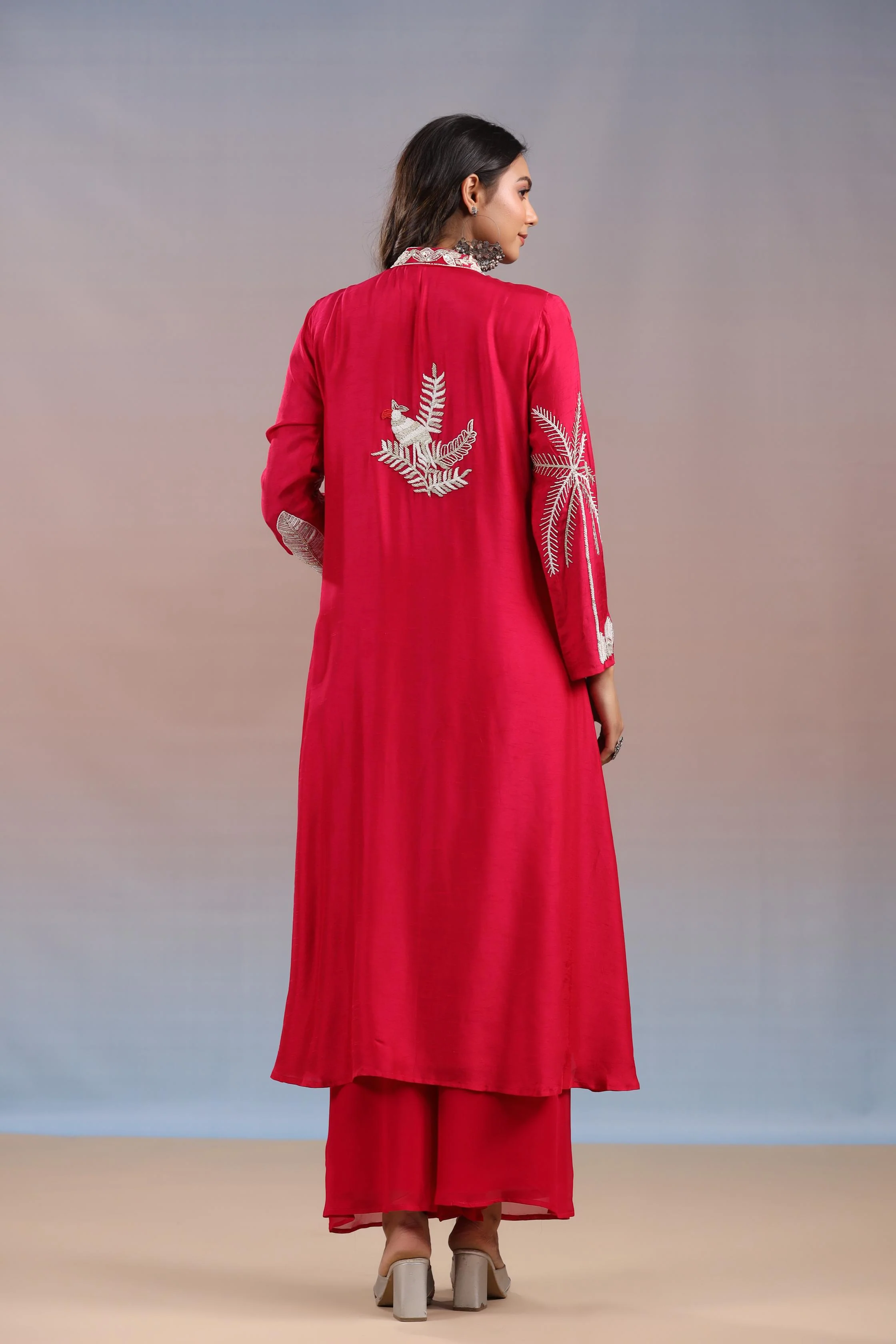 Reddish Pink Embroidered Premium Silk Kurta & Palazzo Set - Image 5