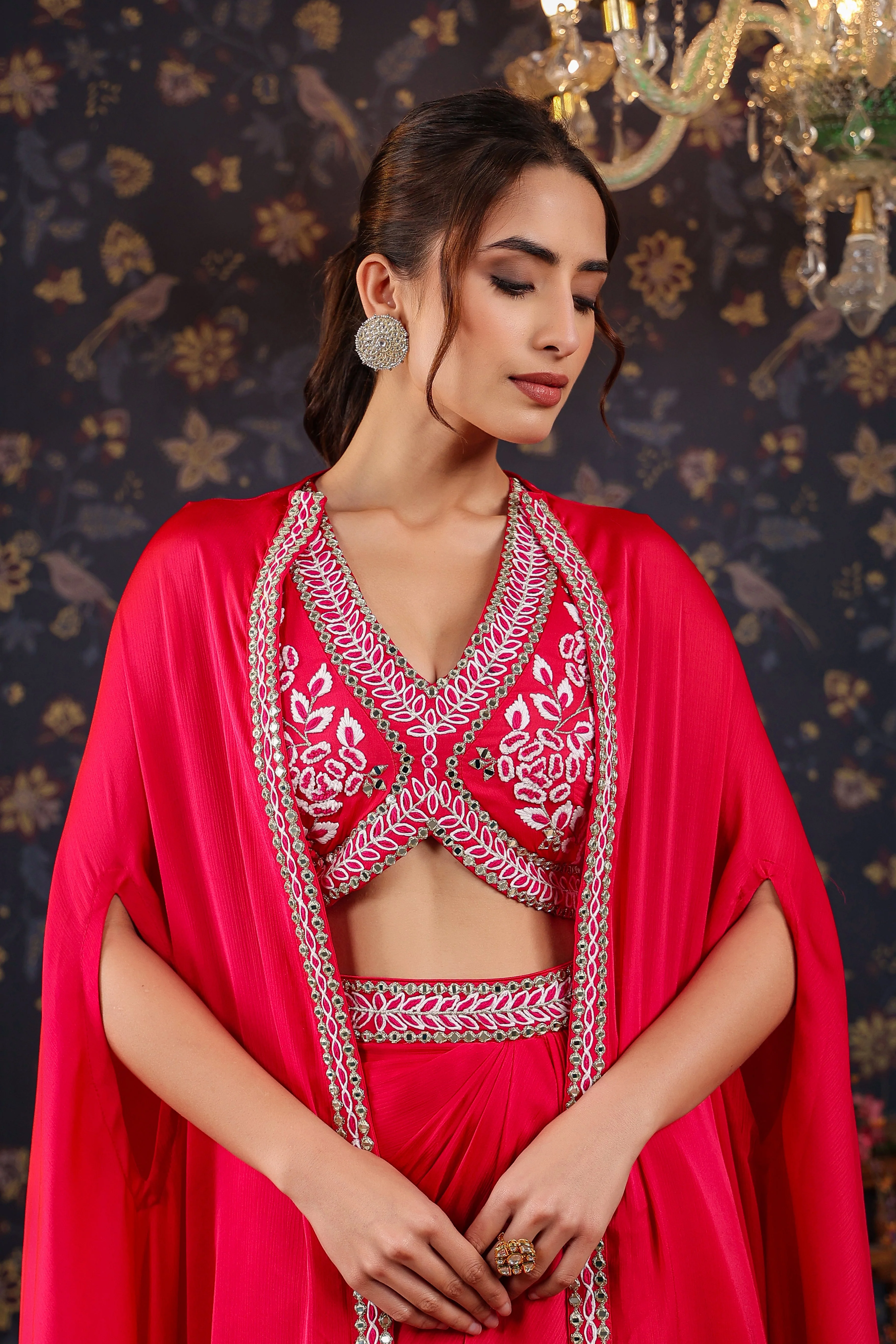 Reddish Pink Embroidered Premium Silk Skirt Cape Set - Image 2