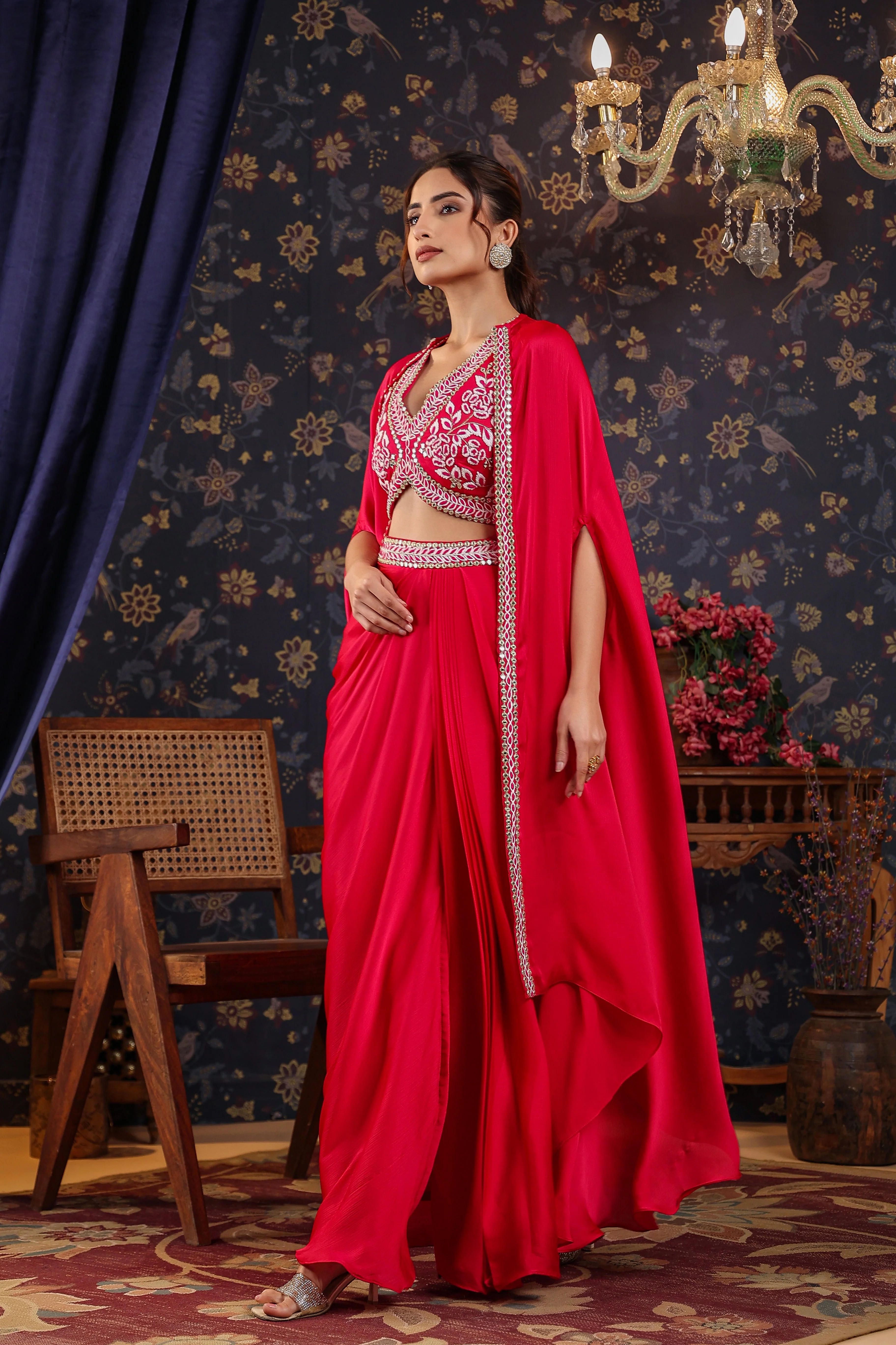 Reddish Pink Embroidered Premium Silk Skirt Cape Set - Image 3