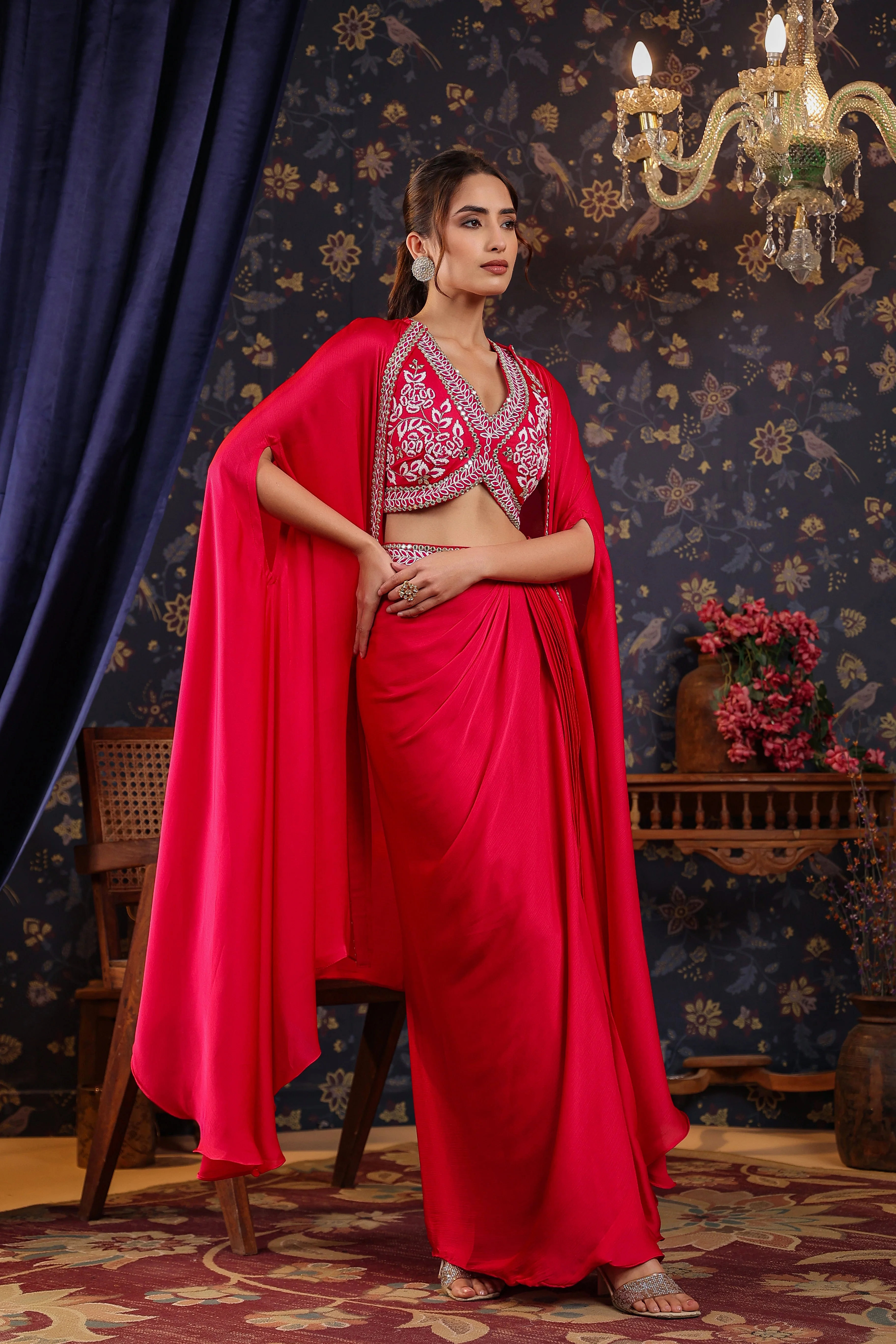 Reddish Pink Embroidered Premium Silk Skirt Cape Set - Image 4