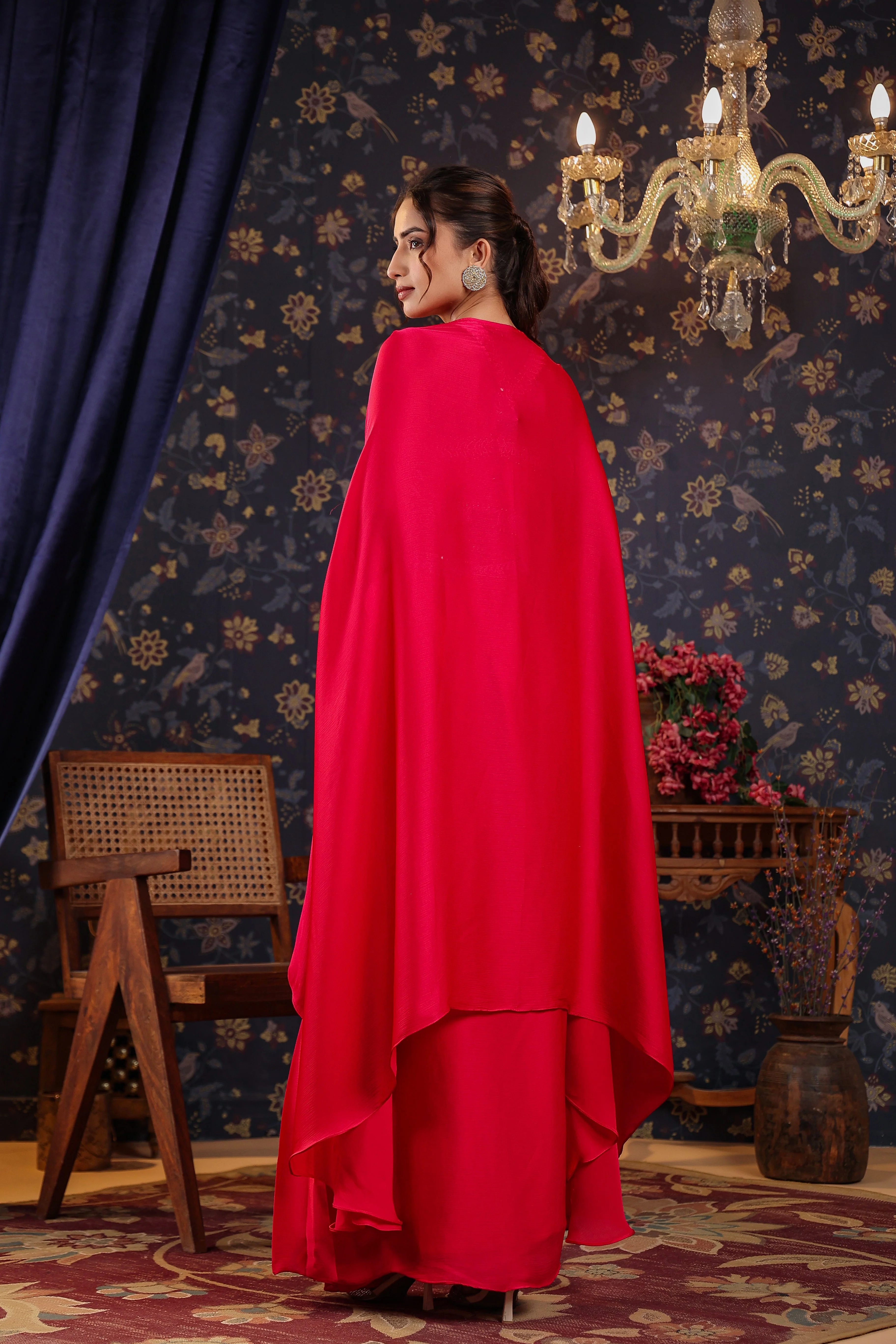Reddish Pink Embroidered Premium Silk Skirt Cape Set - Image 5