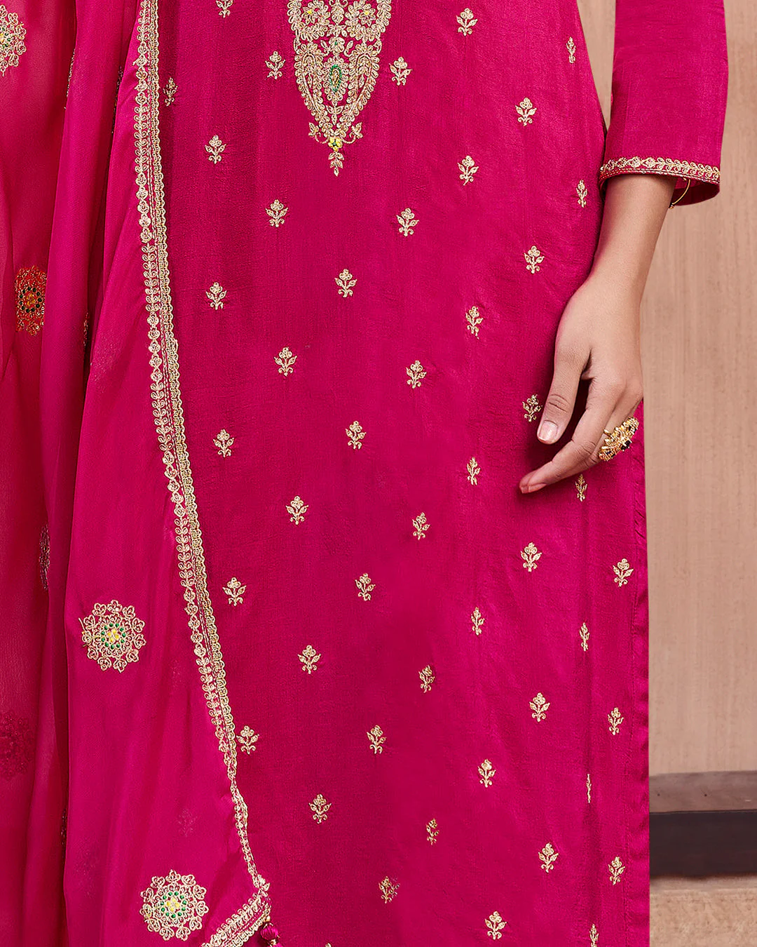 Crimson Bloom Embellished Vichitra Silk Pant Set - Image 3