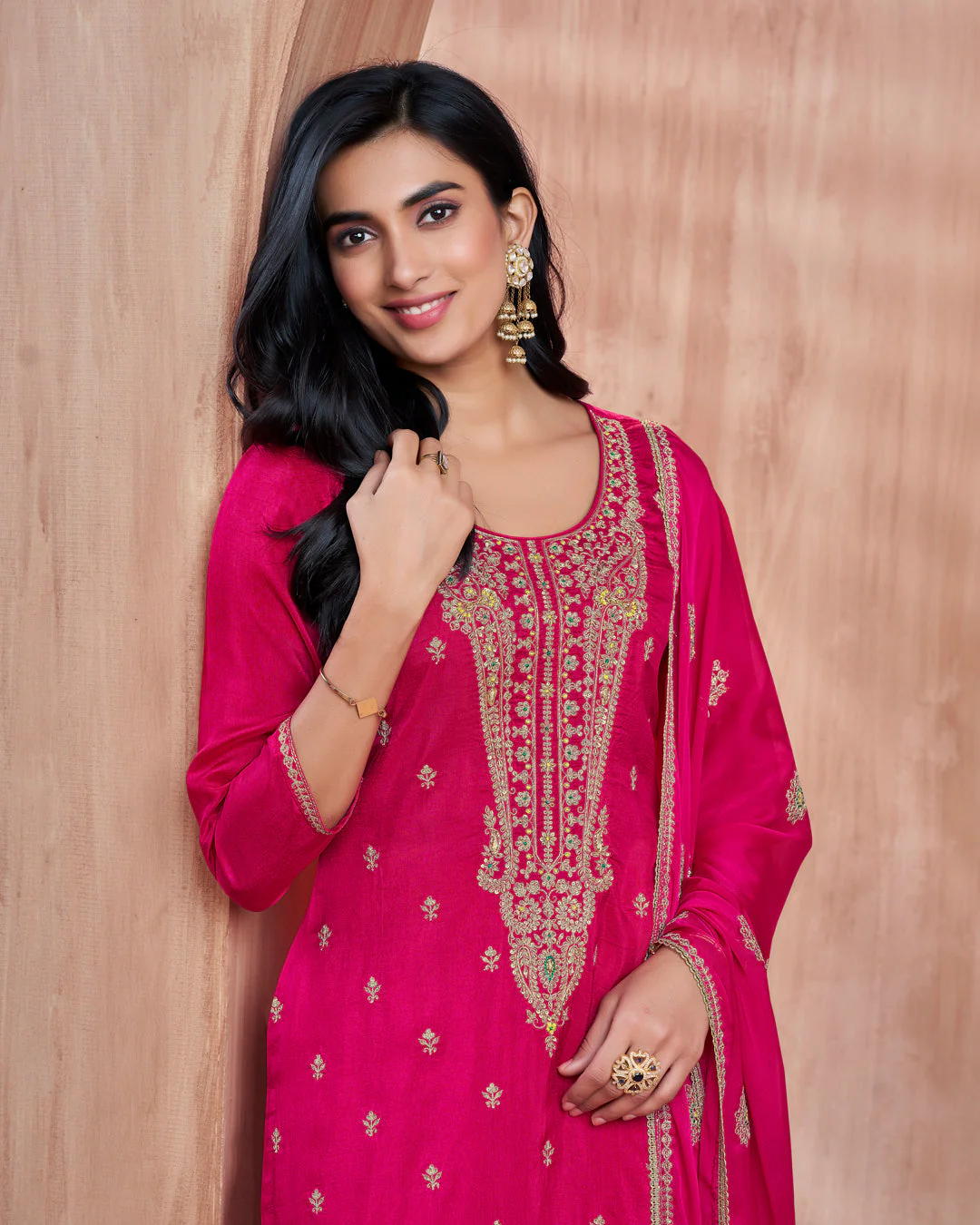 Crimson Bloom Embellished Vichitra Silk Pant Set - Image 4