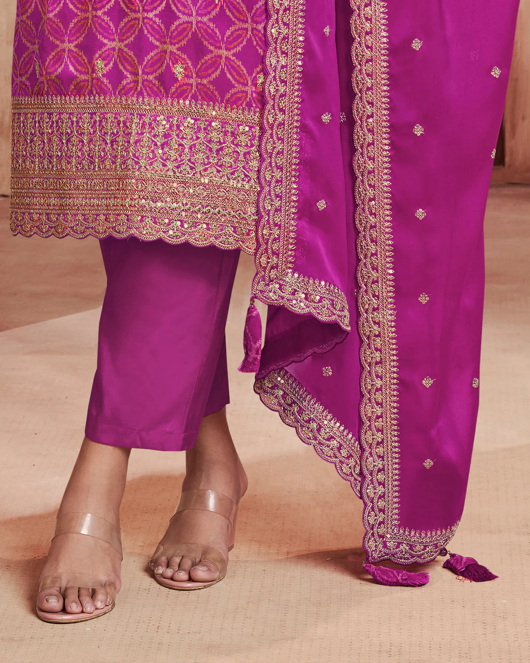 Plum Regal Embellished Dola Silk Pant Set - Image 5