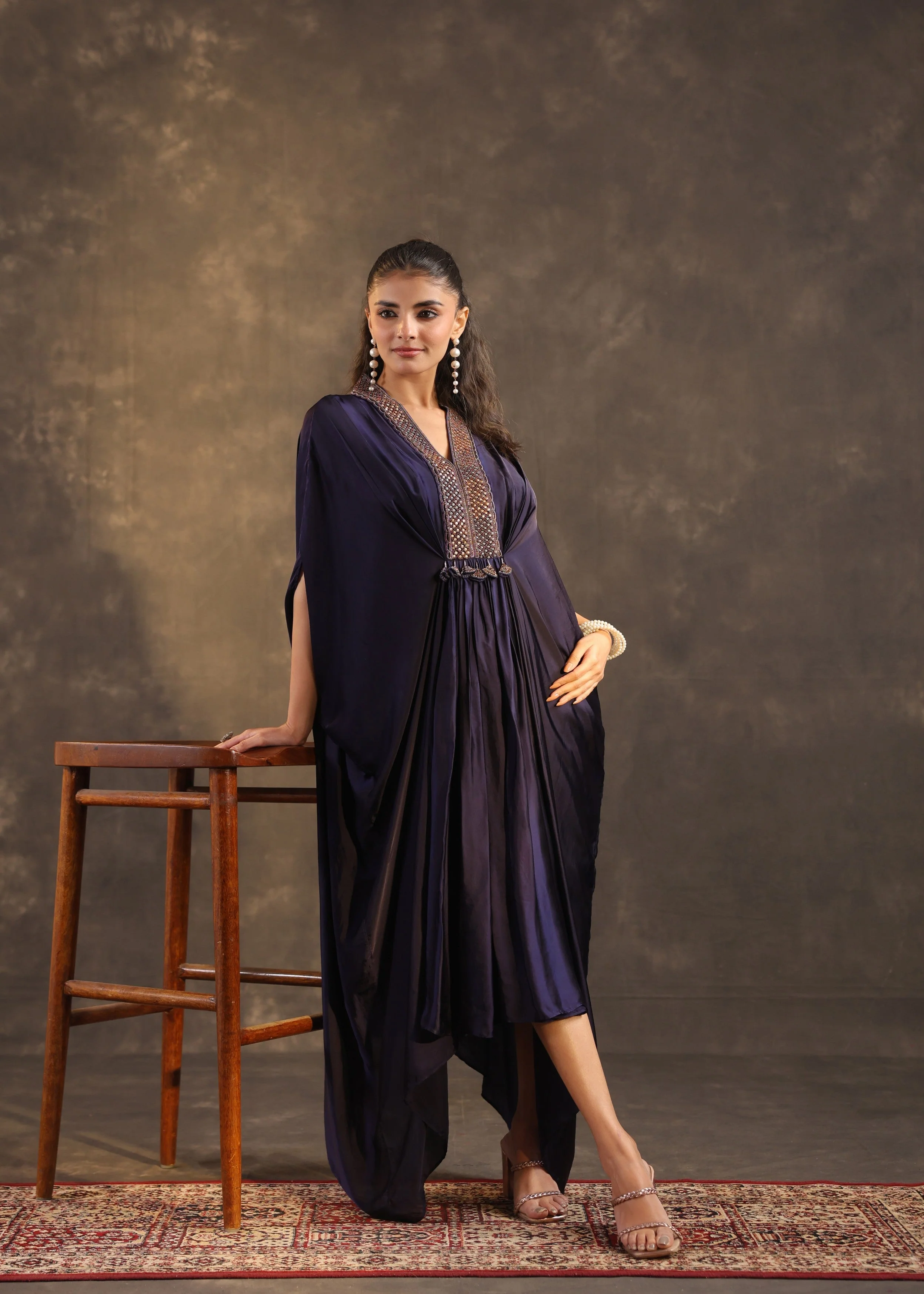 Midnight Regal Embellished Satin Silk Dress - Image 4