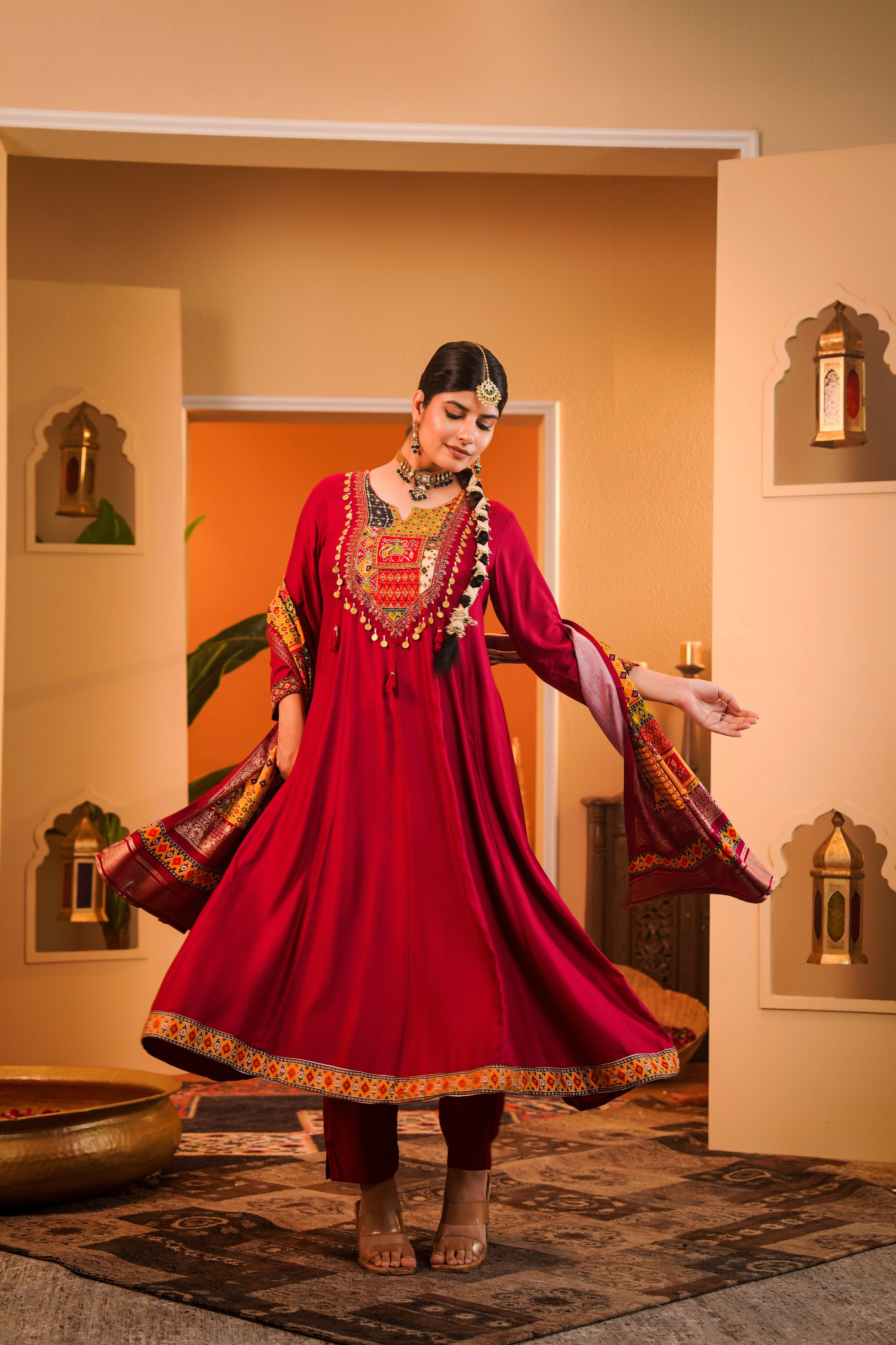 Regal Maroon Embellished Crepe Silk Anarkali Set - Image 4
