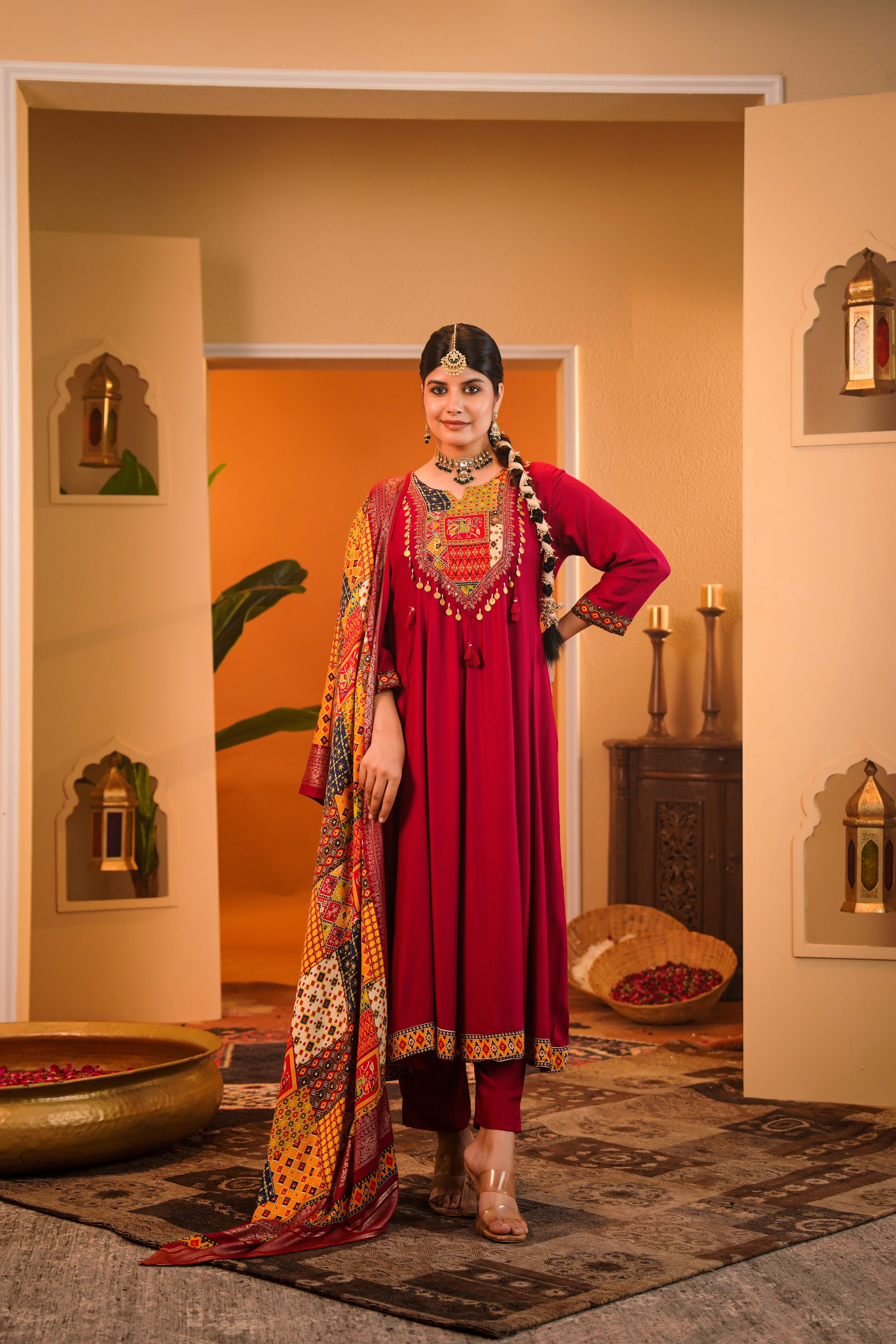 Regal Maroon Embellished Crepe Silk Anarkali Set - Image 5