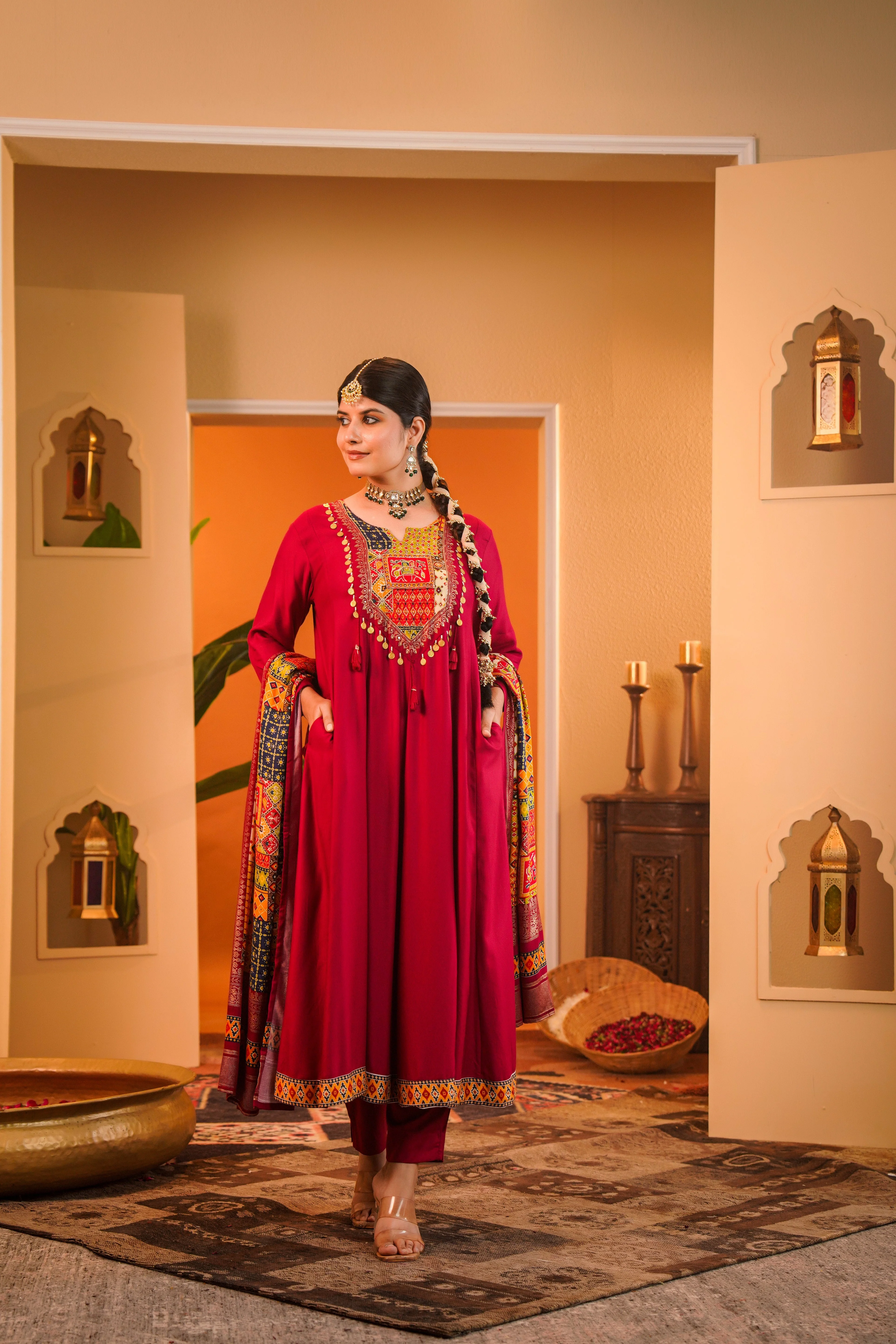 Regal Maroon Embellished Crepe Silk Anarkali Set - Image 6