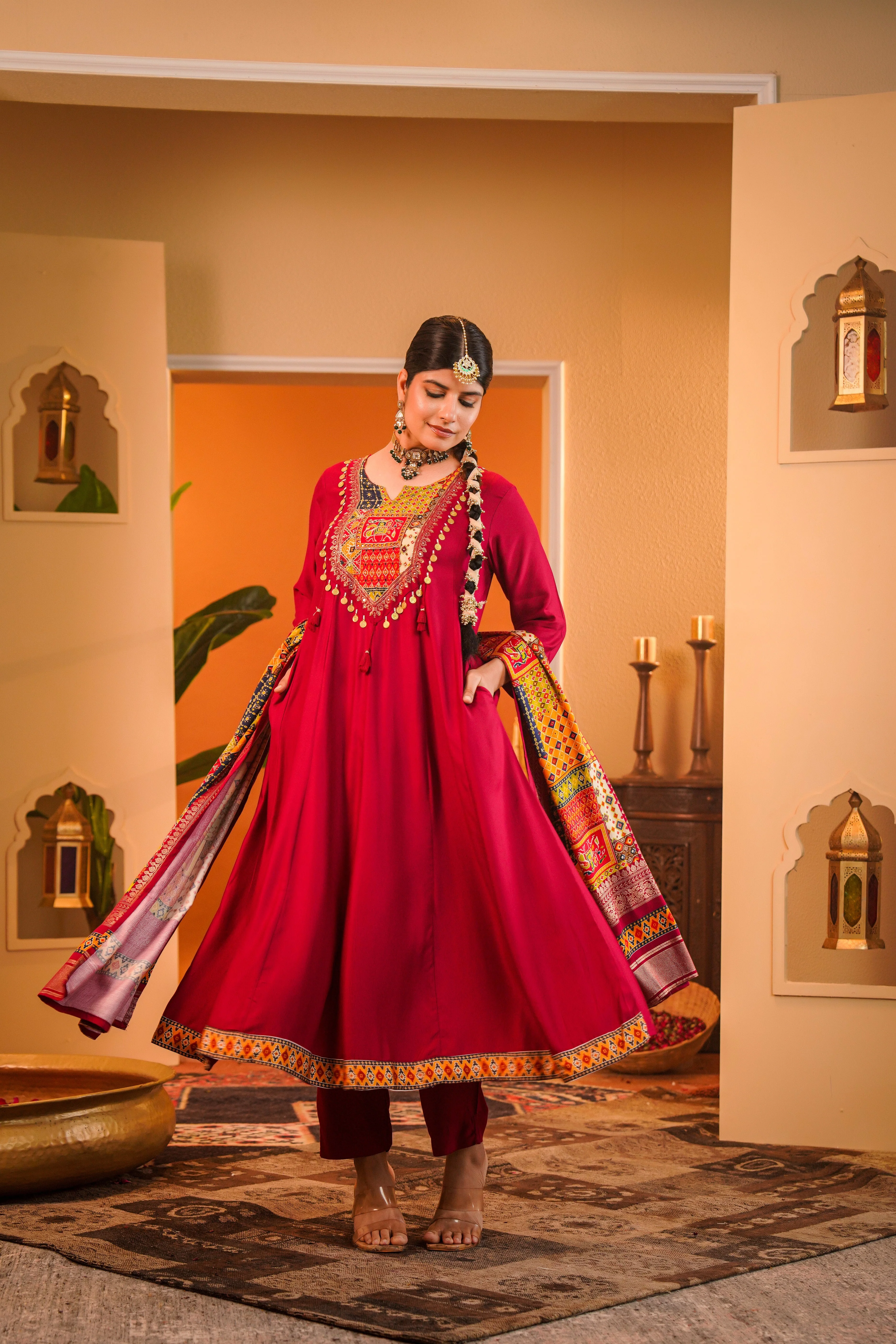 Regal Maroon Embellished Crepe Silk Anarkali Set - Image 7