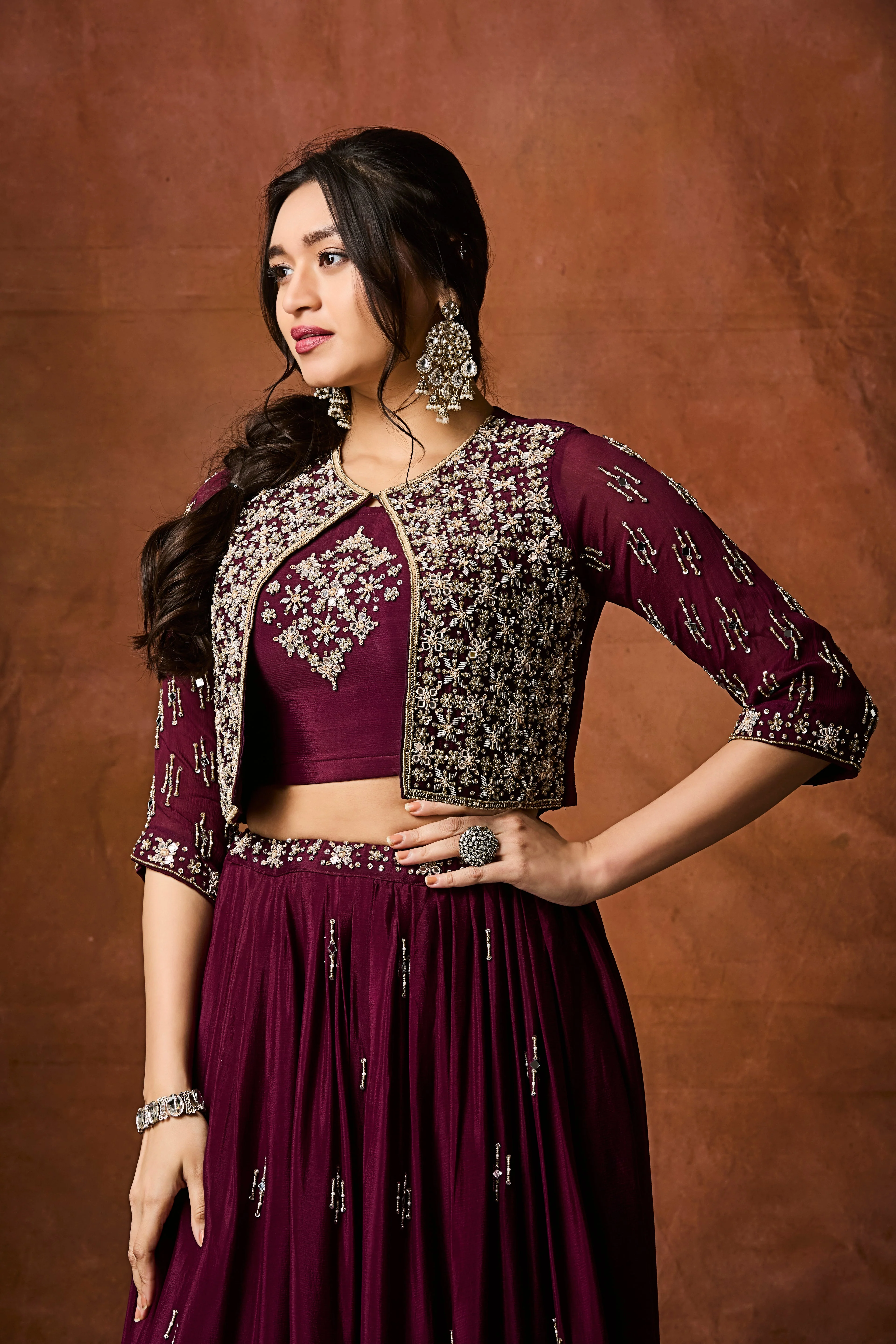 Deep Wine Embellished Chinon Silk Skirt Set - Image 2