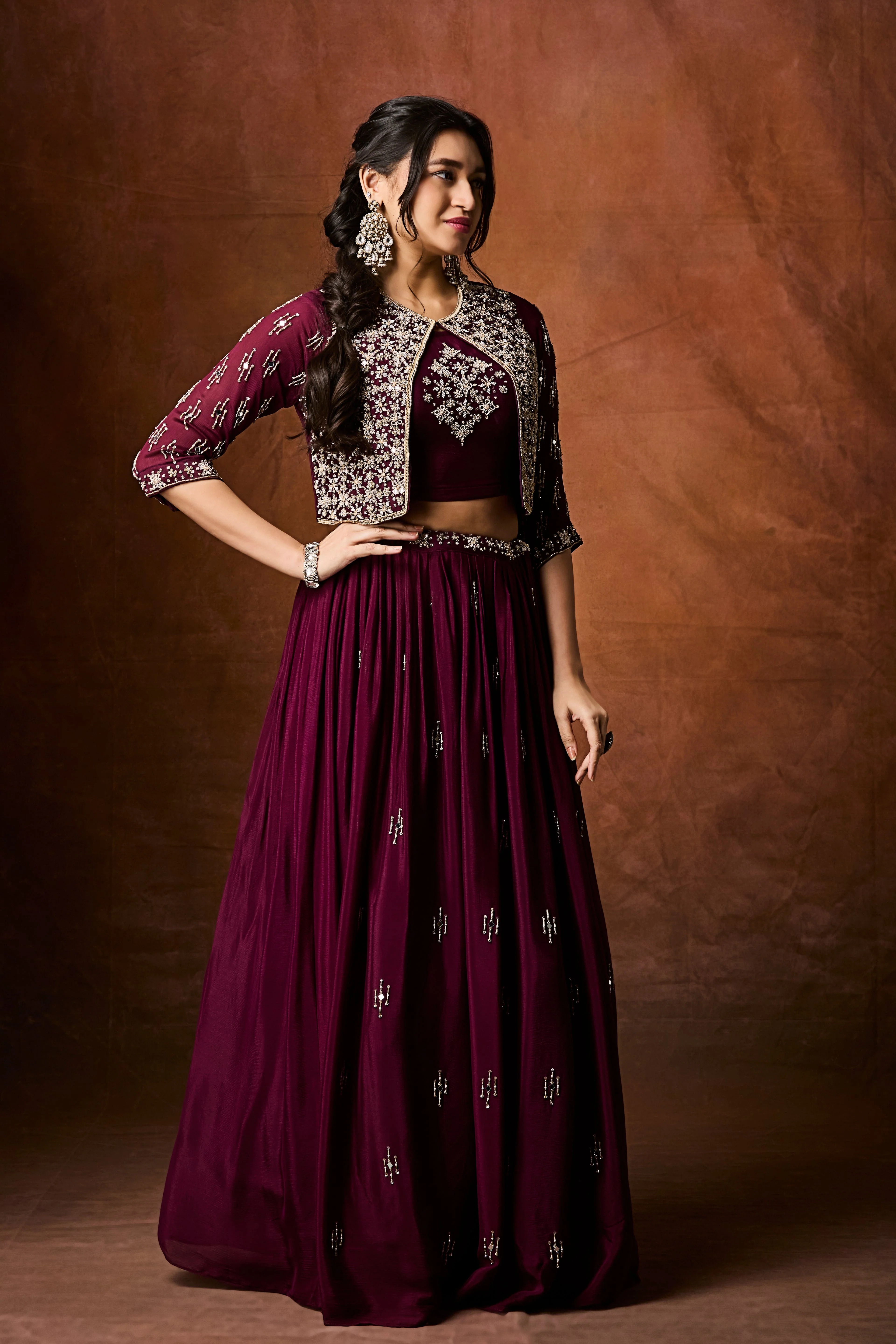 Deep Wine Embellished Chinon Silk Skirt Set - Image 3