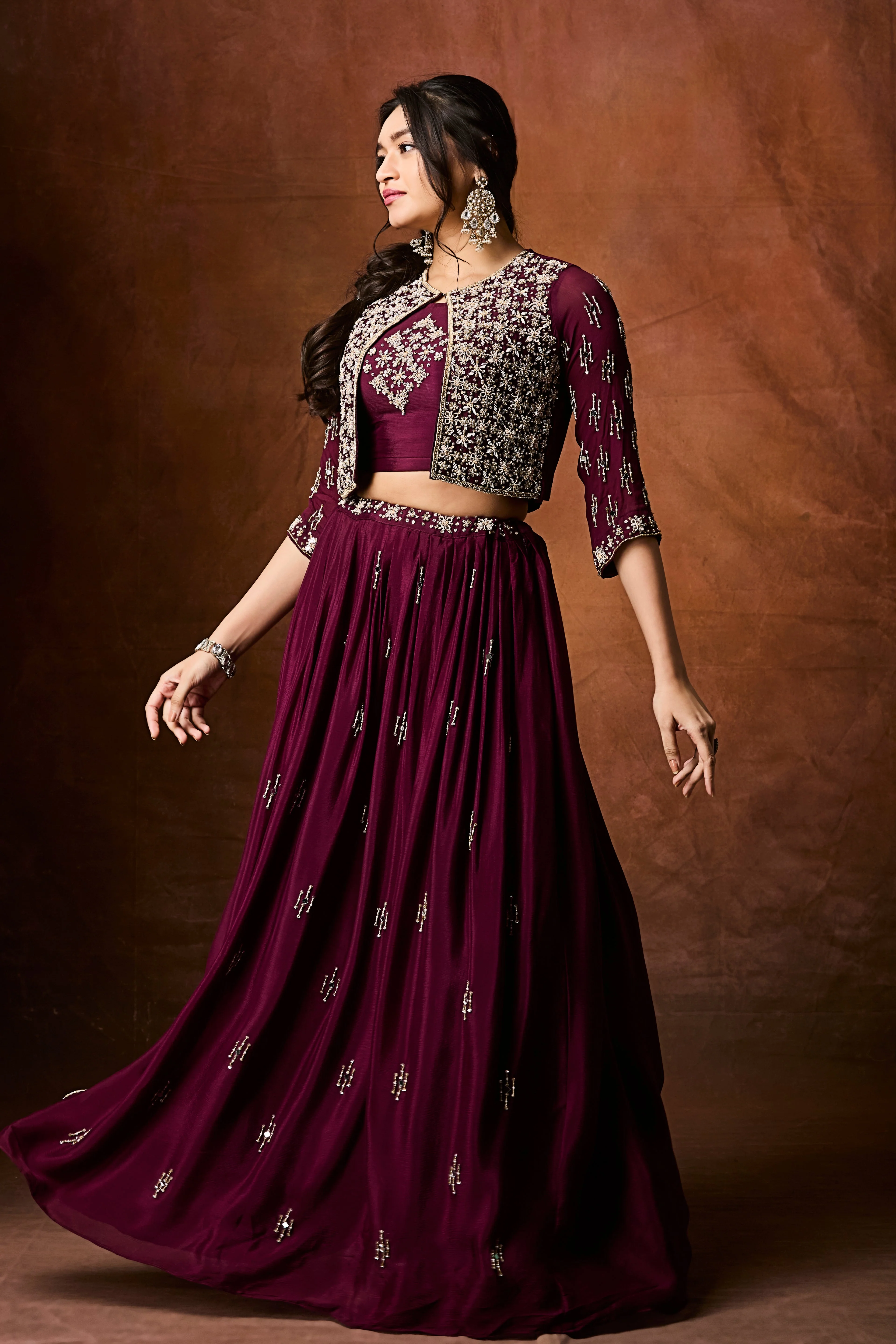 Deep Wine Embellished Chinon Silk Skirt Set - Image 4