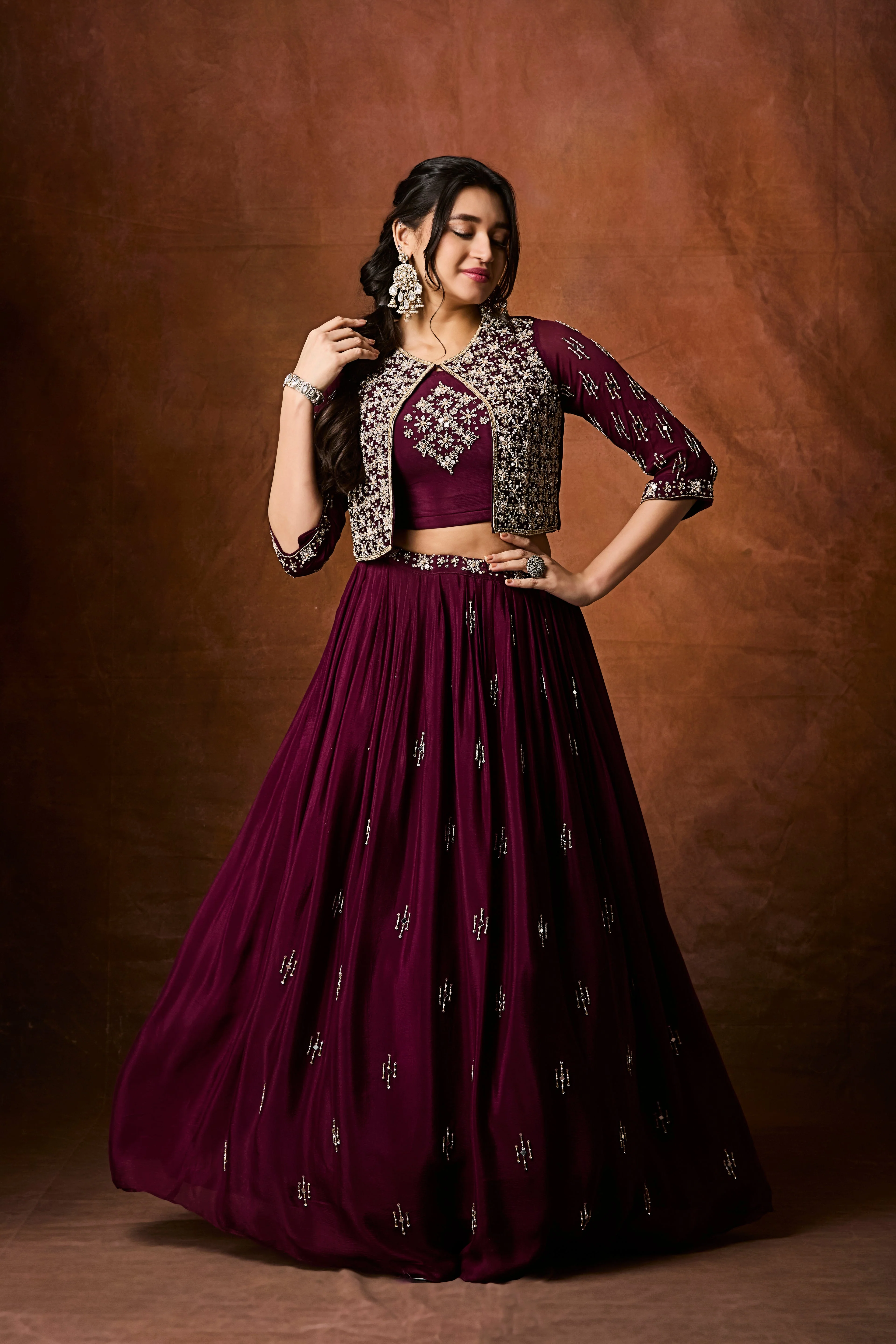 Deep Wine Embellished Chinon Silk Skirt Set - Image 5