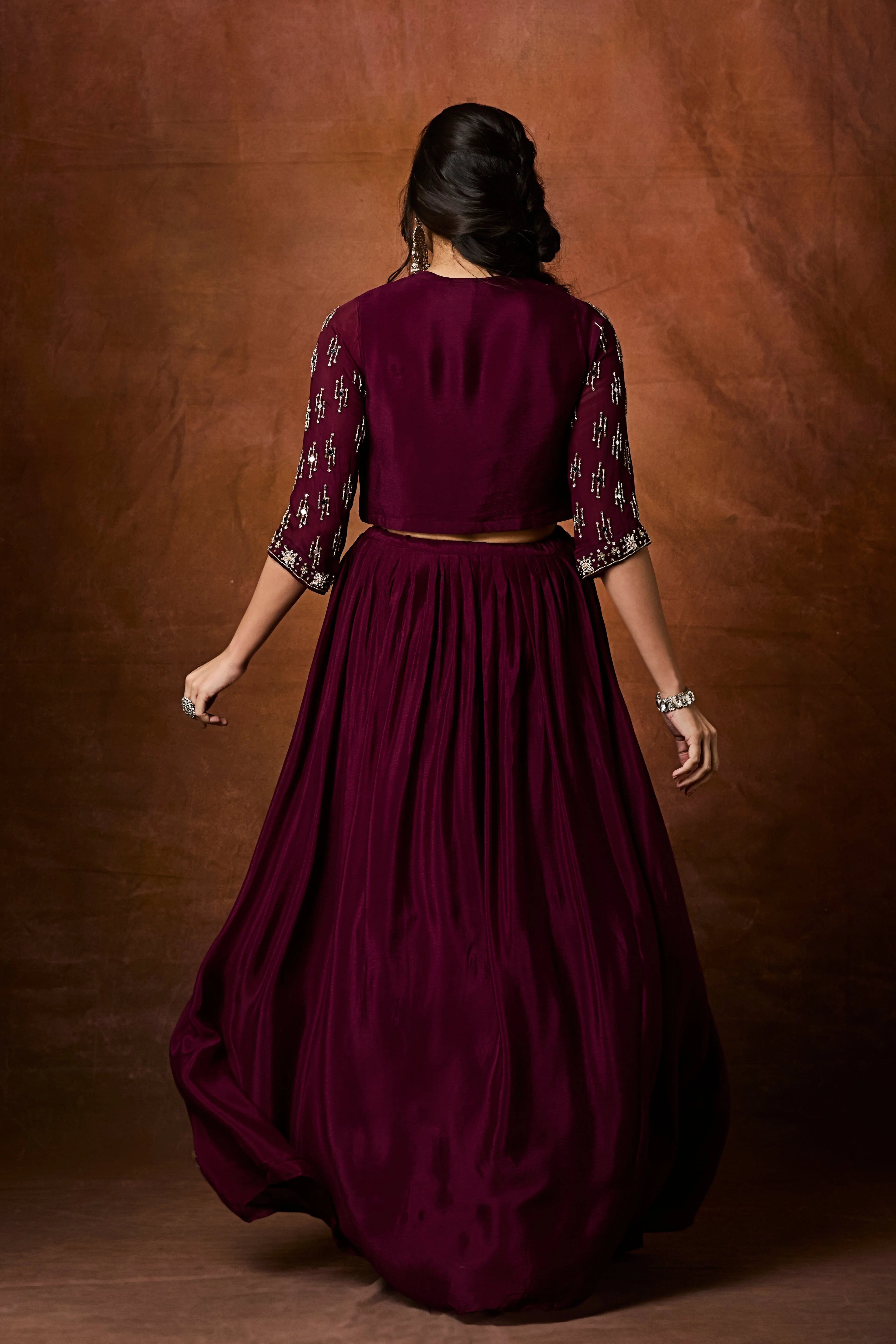 Deep Wine Embellished Chinon Silk Skirt Set - Image 6