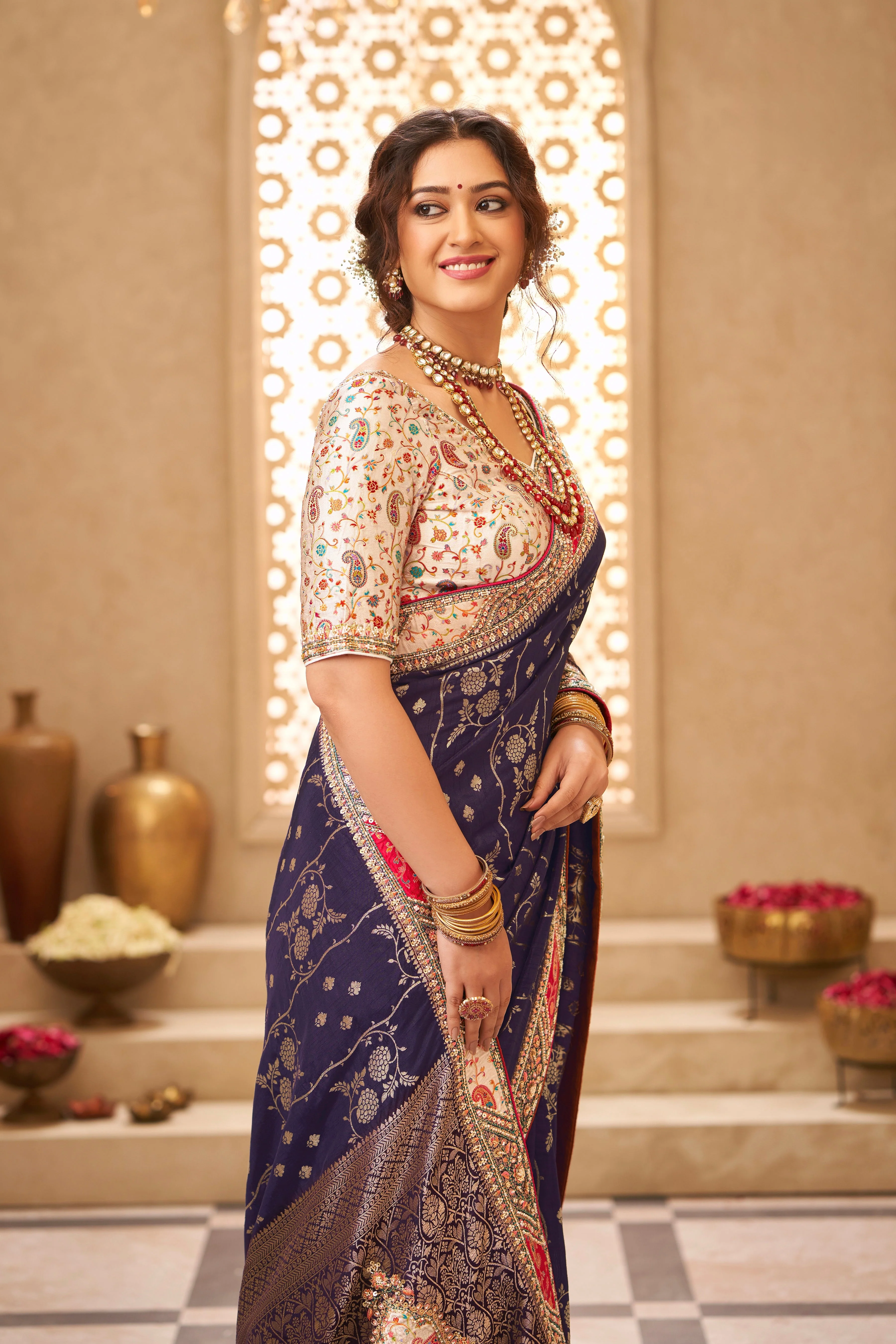 Regal Purple Digital Printed Tussar Satin Silk Saree - Image 2