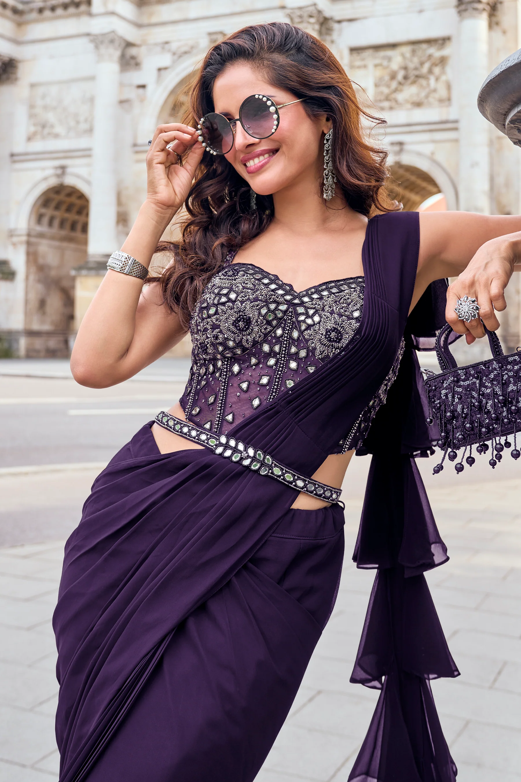 Regal Purple Embellished Georgette Silk Draped Saree - Image 2