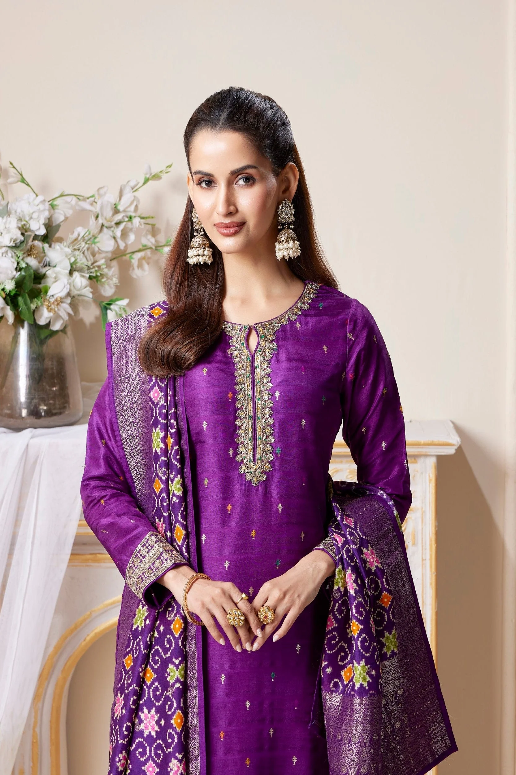 Regal Purple Embellished Premium Silk Pant Set - Image 2