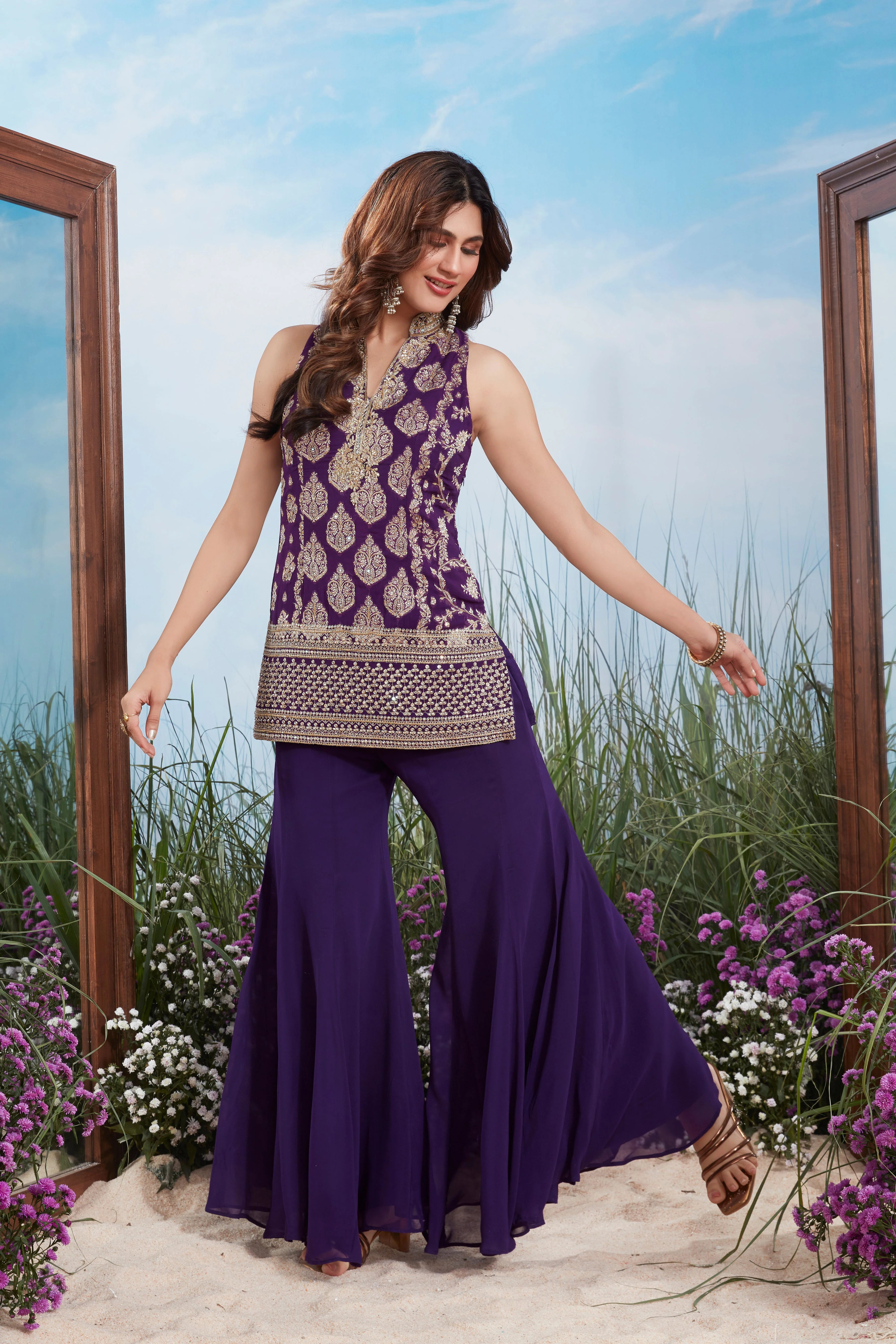 Regal Purple Embroidered Brocade Silk Palazzo Set - Image 2