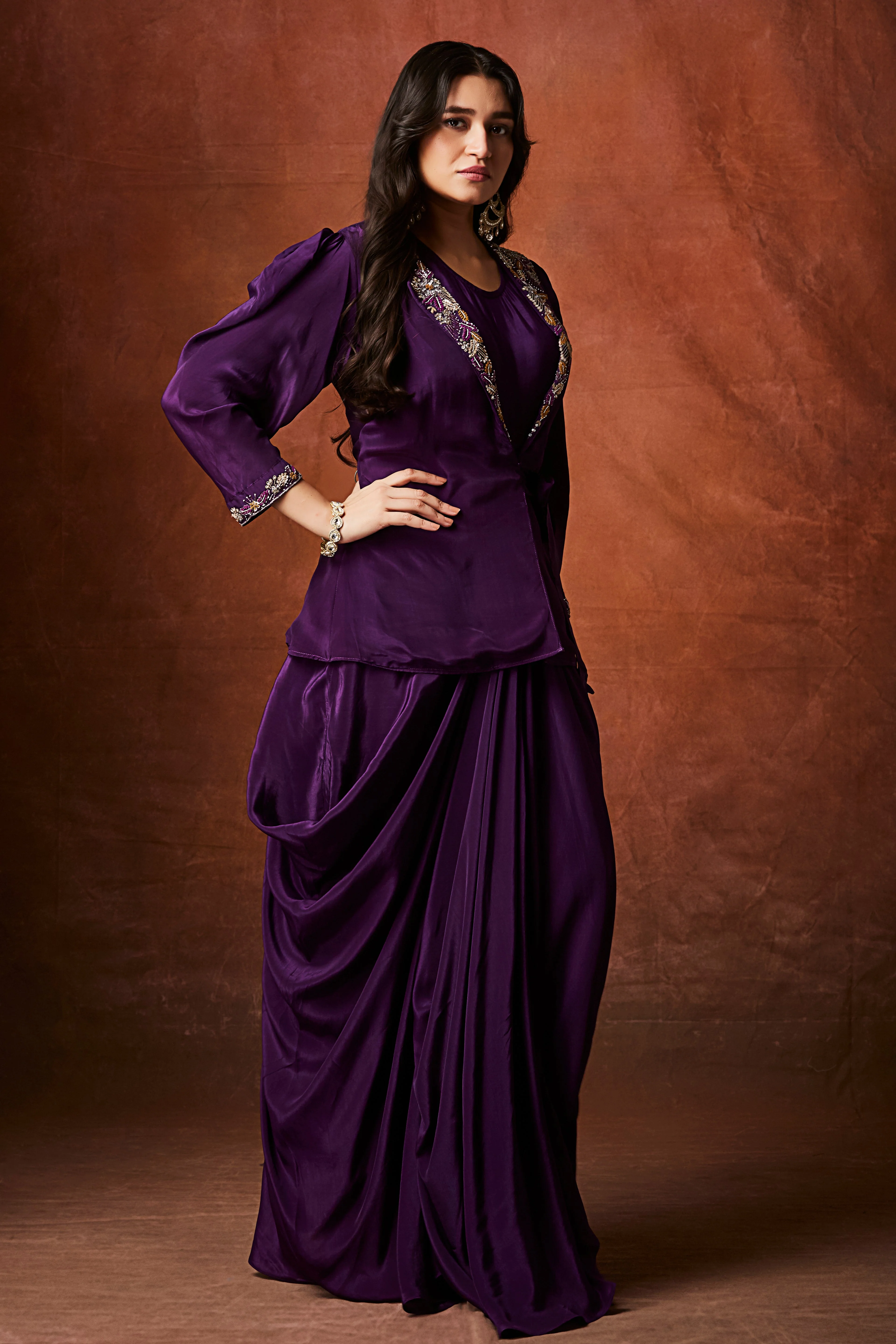 Regal Violet Embellished Crepe Silk Skirt Set - Image 3