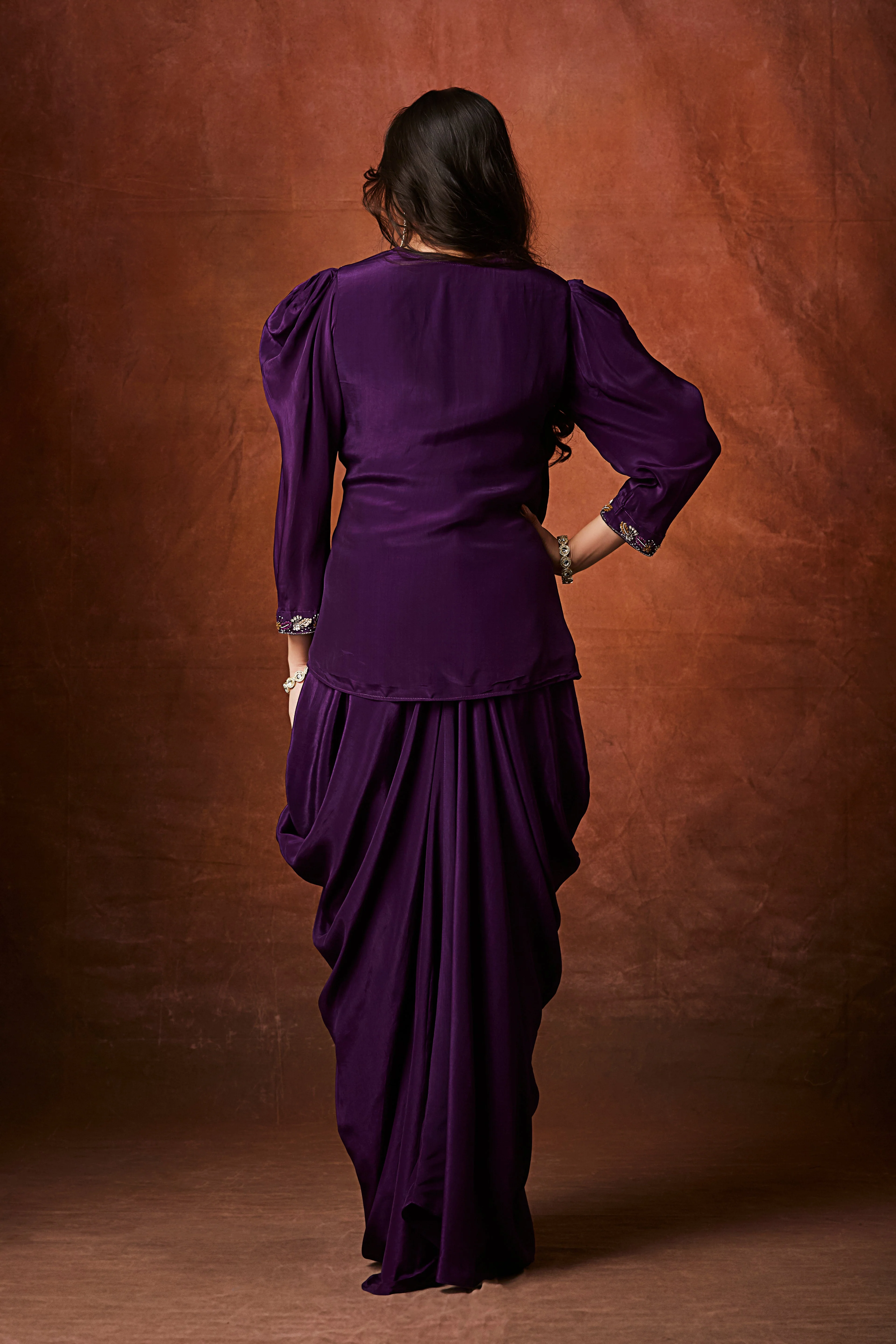 Regal Violet Embellished Crepe Silk Skirt Set - Image 4