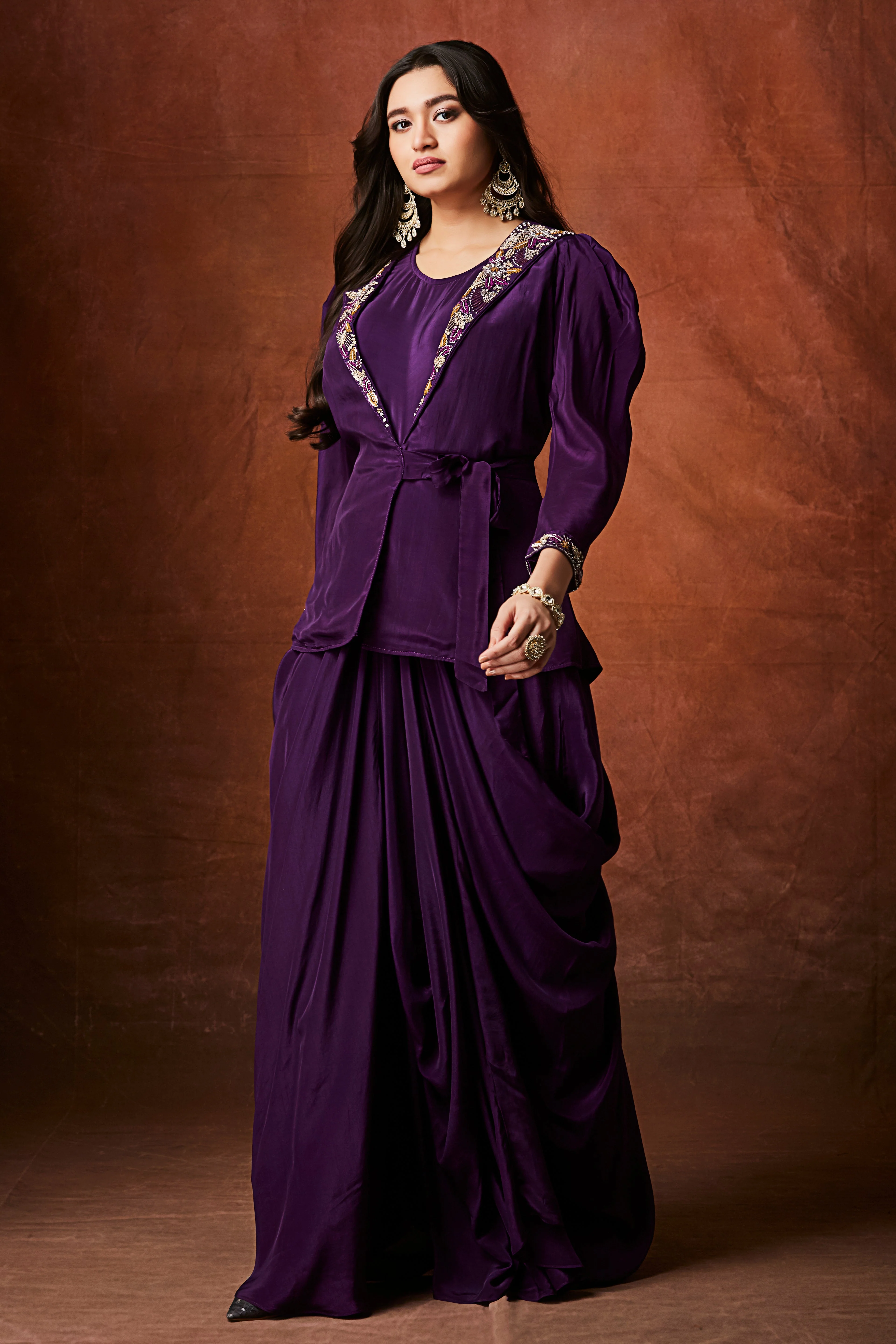 Regal Violet Embellished Crepe Silk Skirt Set - Image 5